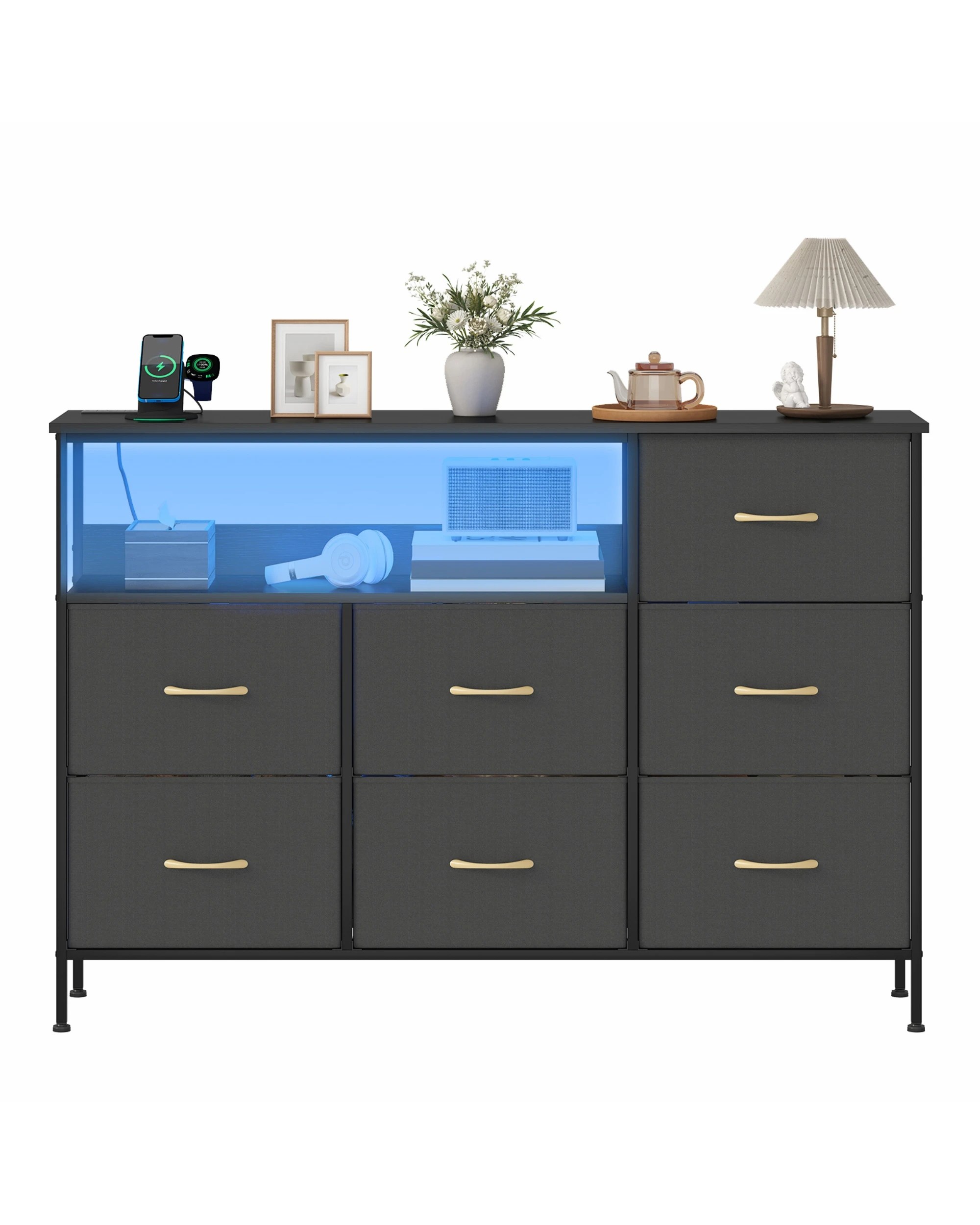7 Advwin Chest of 7 Drawers?with Open Shelf Storage Charging Station & LED Lights - Black, 7 of 10