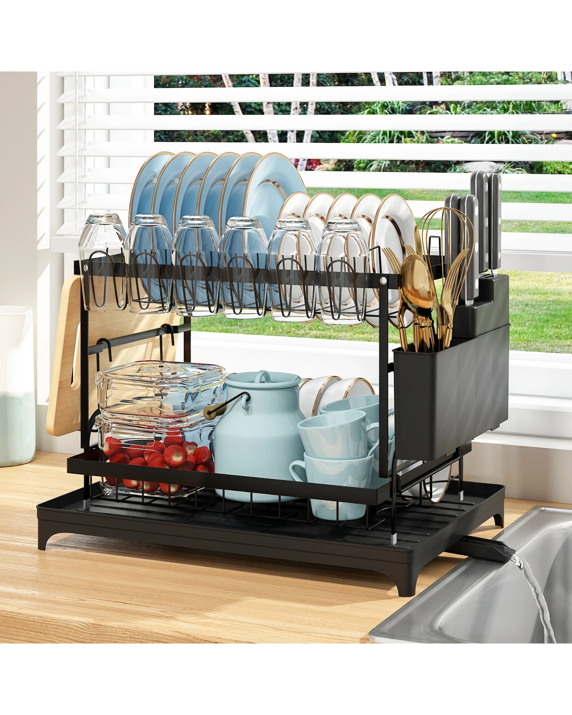 3 Advwin 2 Tier Dish Drying Rack Plate Drainer Cutlery Holder Kitchen Organizer
 - Black, 3 of 3