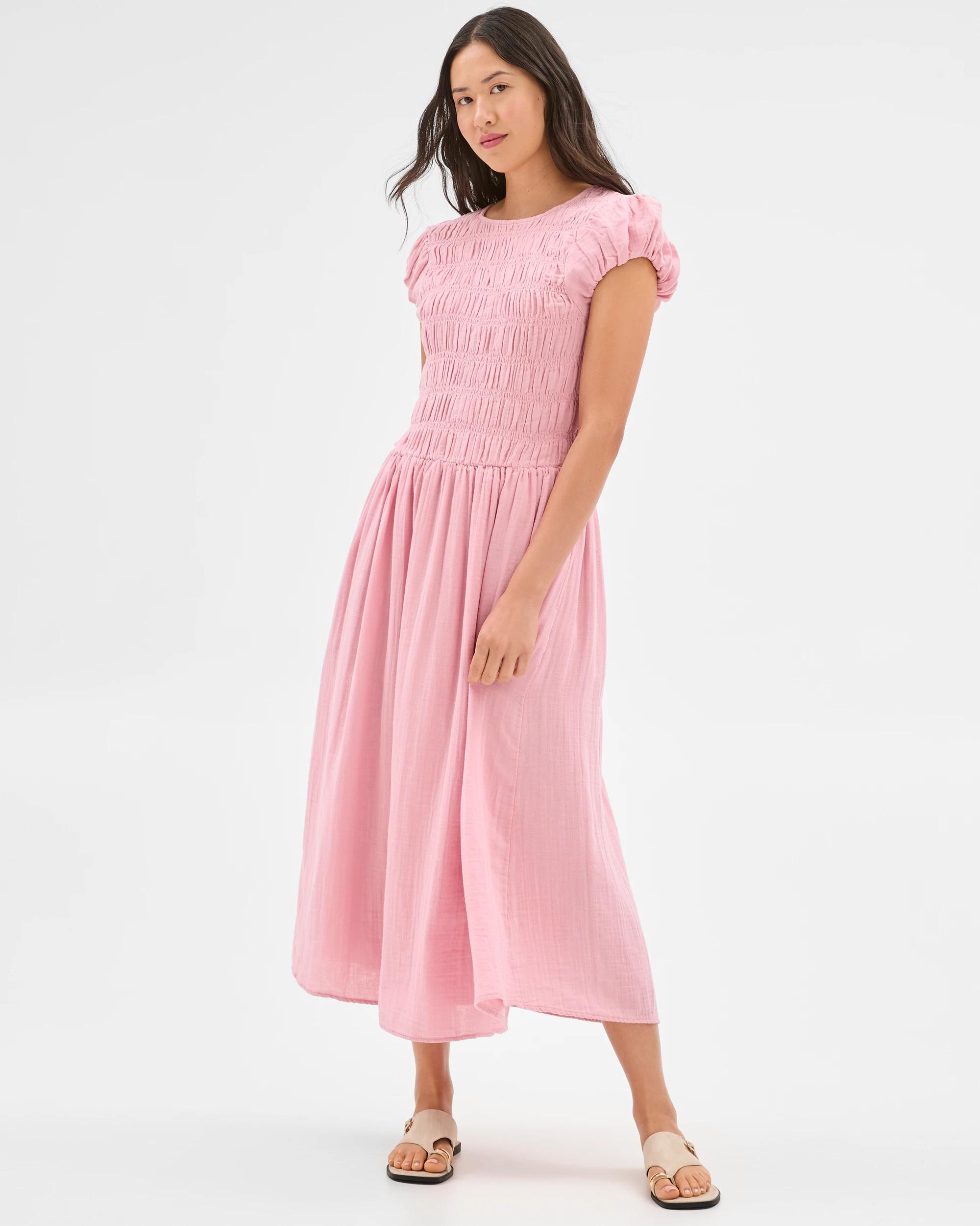 1 Target Australian Cotton Shirred Bodice Midi Dress PRETTY PINK, 1 of 6