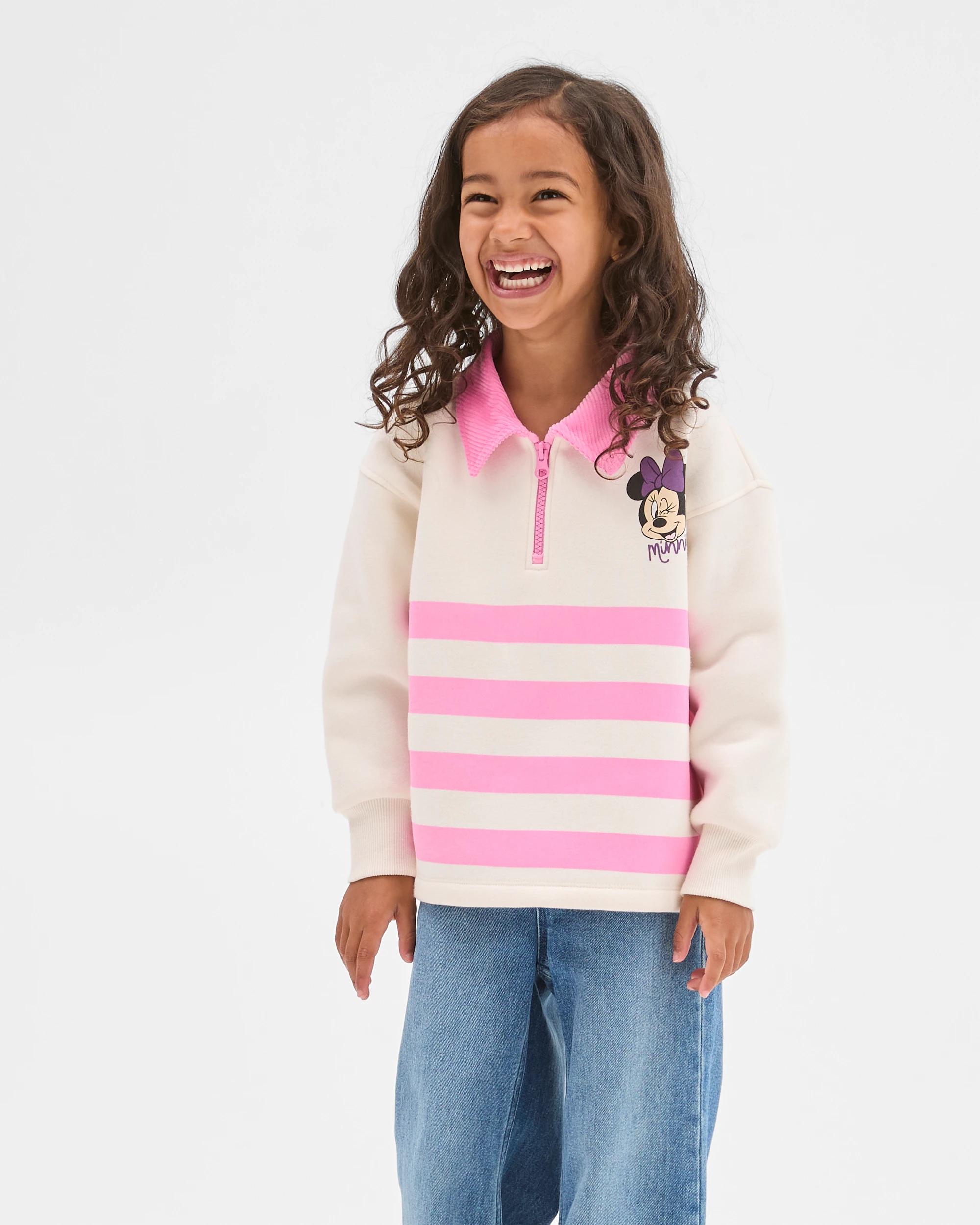 2 Disney Minnie Mouse Australian Cotton Fleece 1/4 Zip Corduroy Collar Jumper PINK/OAT MARLE, 2 of 6