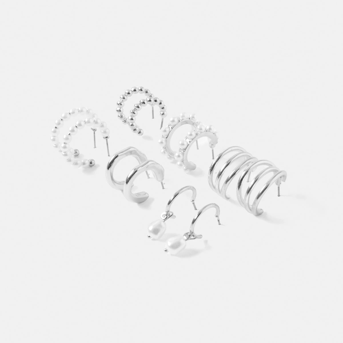 2 6 Pack Mini Faux Pearl Hoop Earrings - Silver Tone, 2 of 5