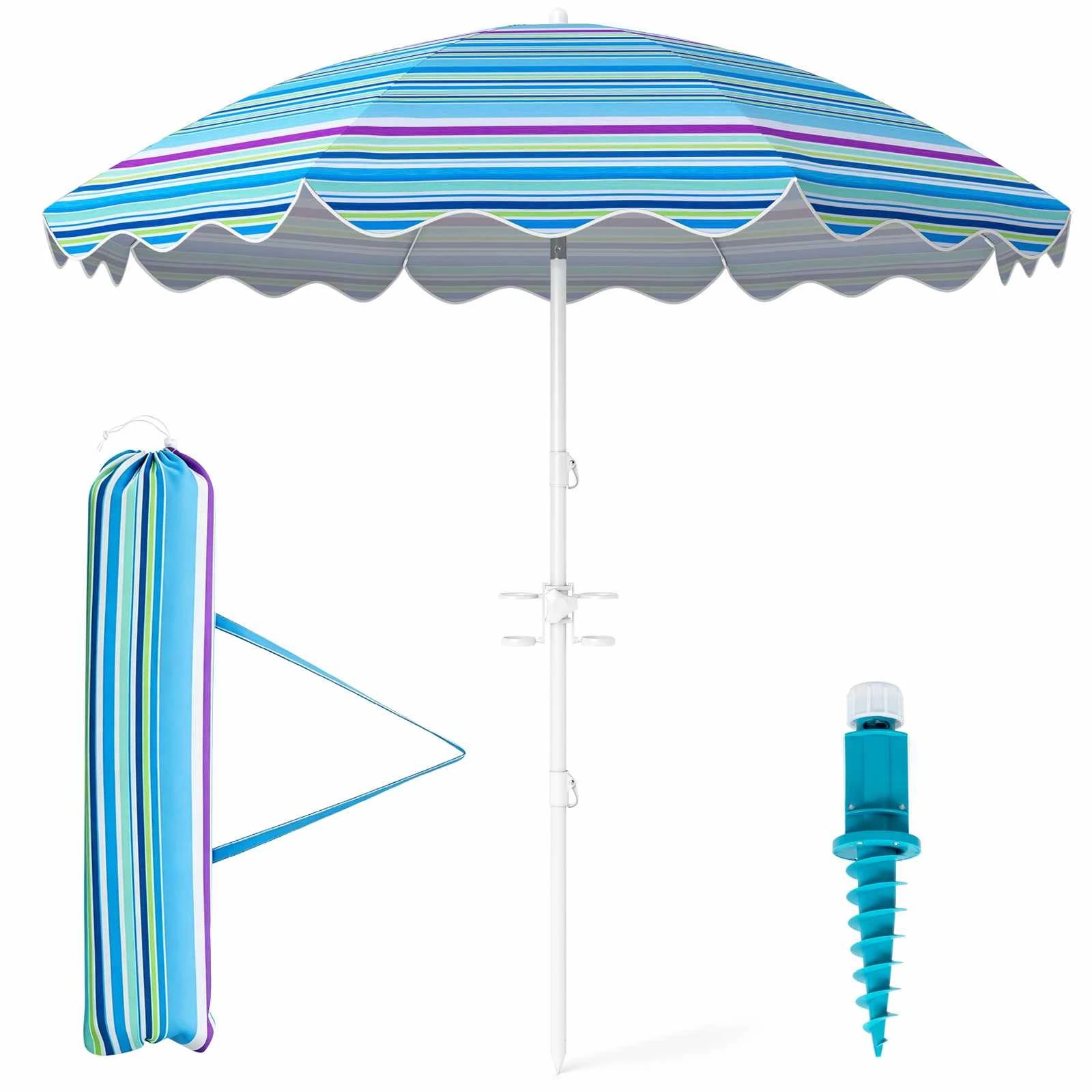 1 Costway 2m Beach Umbrella w/Sand Anchor Tilt Portable Parasol UPF50+ Cup Holder - Blue, 1 of 3