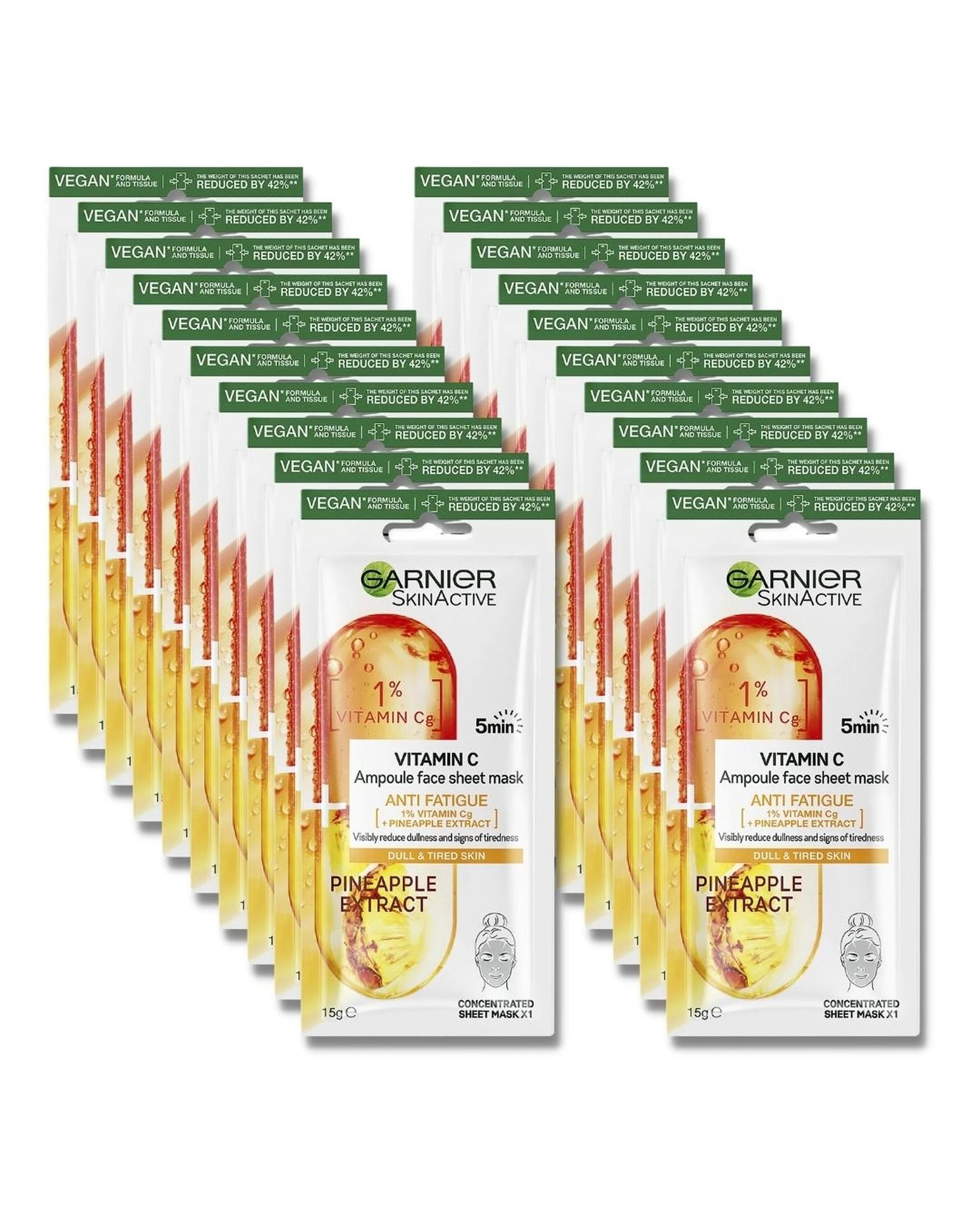 1 20 x Garnier SkinActive Vitamin C Anti-Fatigue Ampoule Sheet Face Mask 15g - Pineapple Extract, 1 of 2