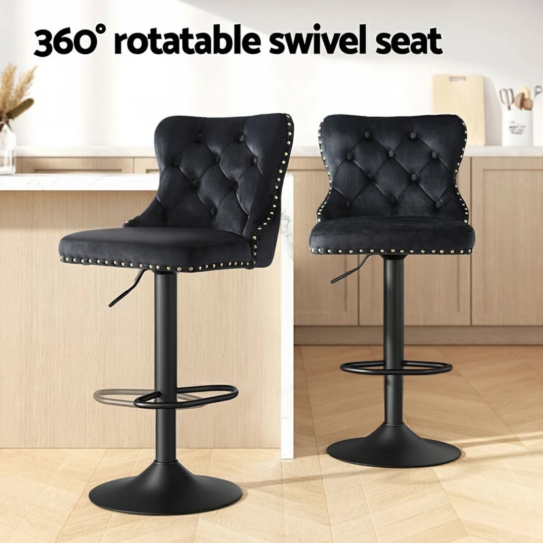 4 Artiss 1x Velvet Bar Stool Adjustable Height Nailhead Trim Kitchen Counter Stool - Black, 4 of 6