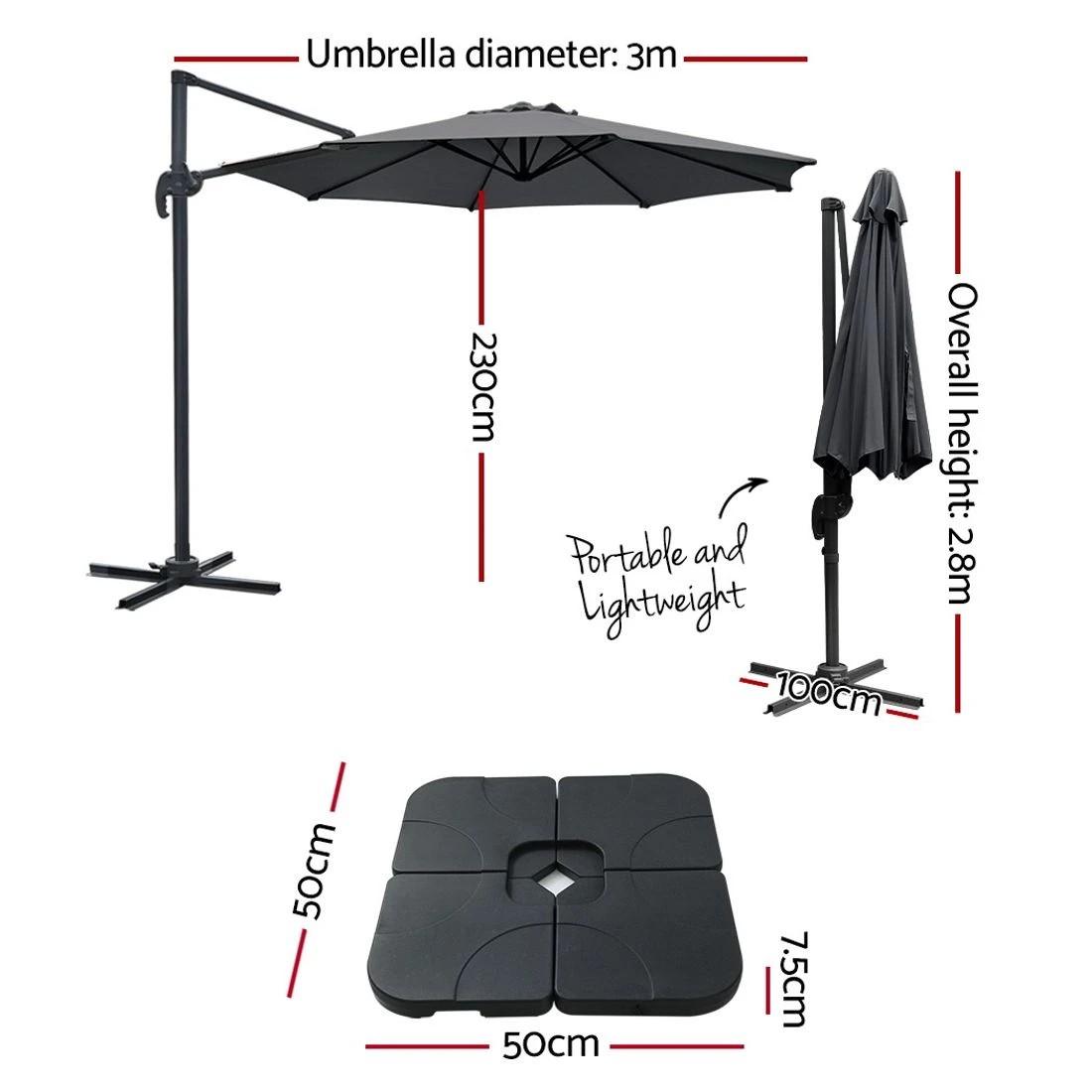 2 Instahut 3m Outdoor Umbrella w/Base Cantilever Beach Roma 360 Degree Tilt - Grey, 2 of 7