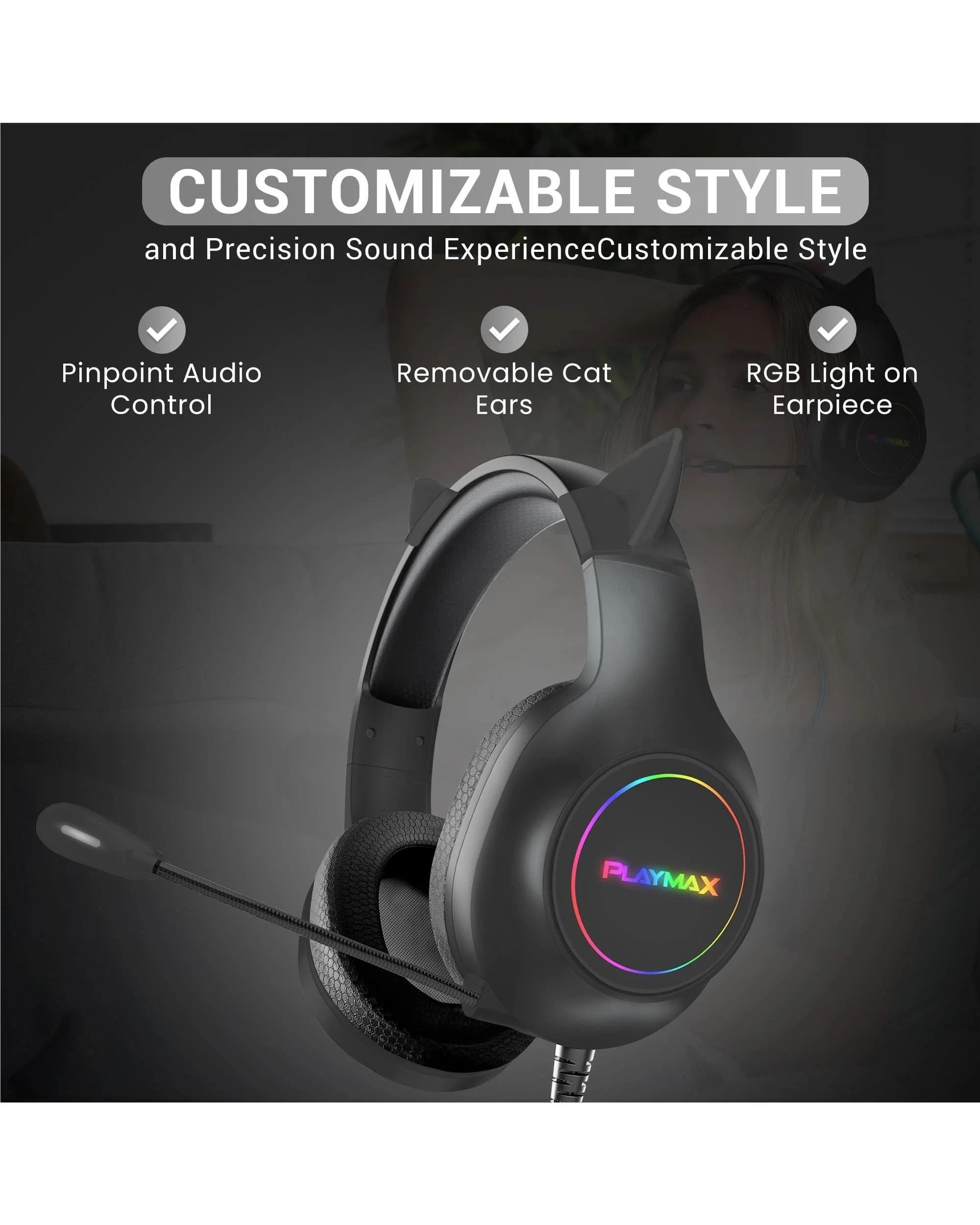 4 Playmax Cat Ear RGB Headset Universal Gaming Headset - Black, 4 of 5