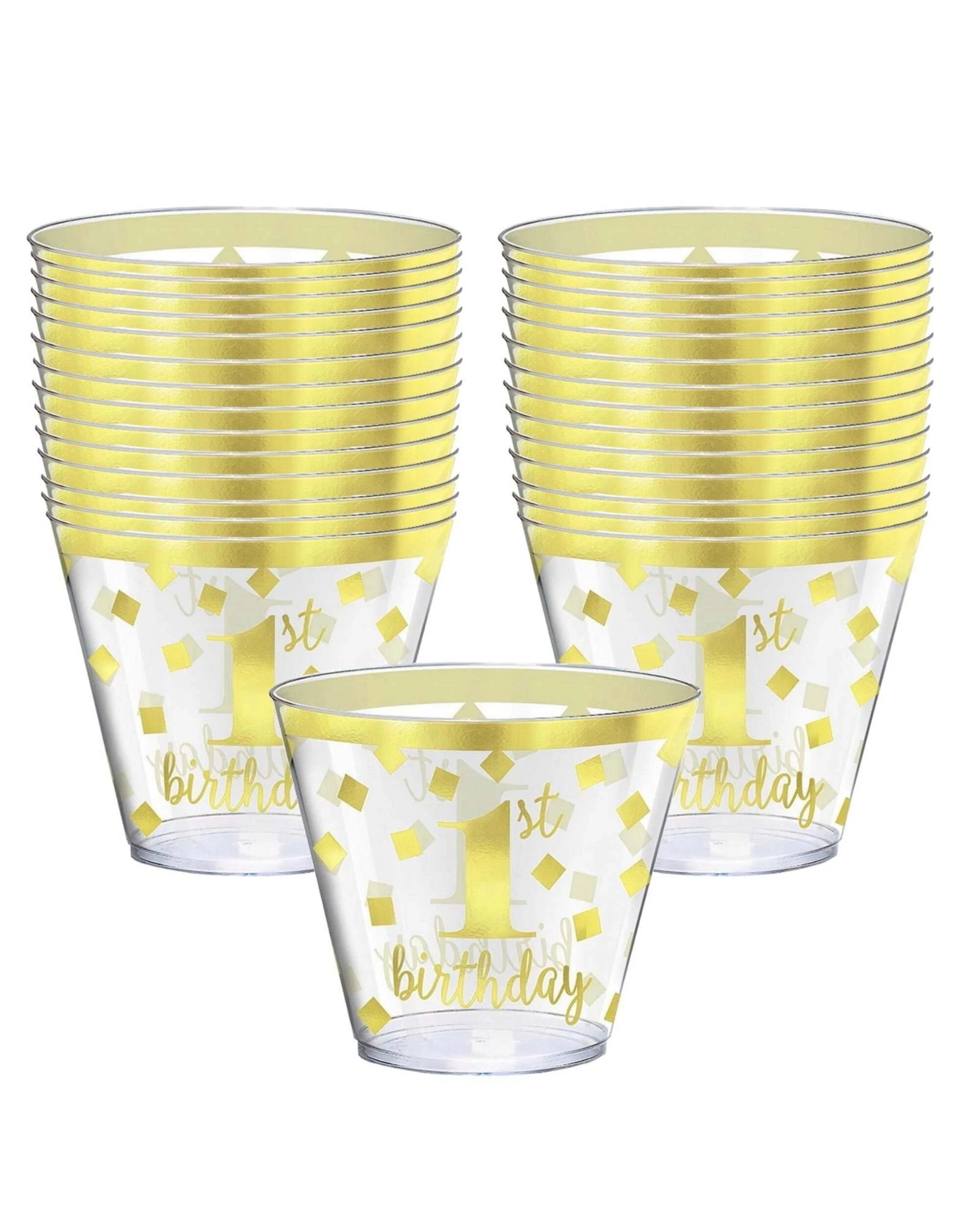 1 Amscan Inc. 1st Birthday Clear Plastic Tumbler Cups Pack of 30 - Gold, 1 of 1