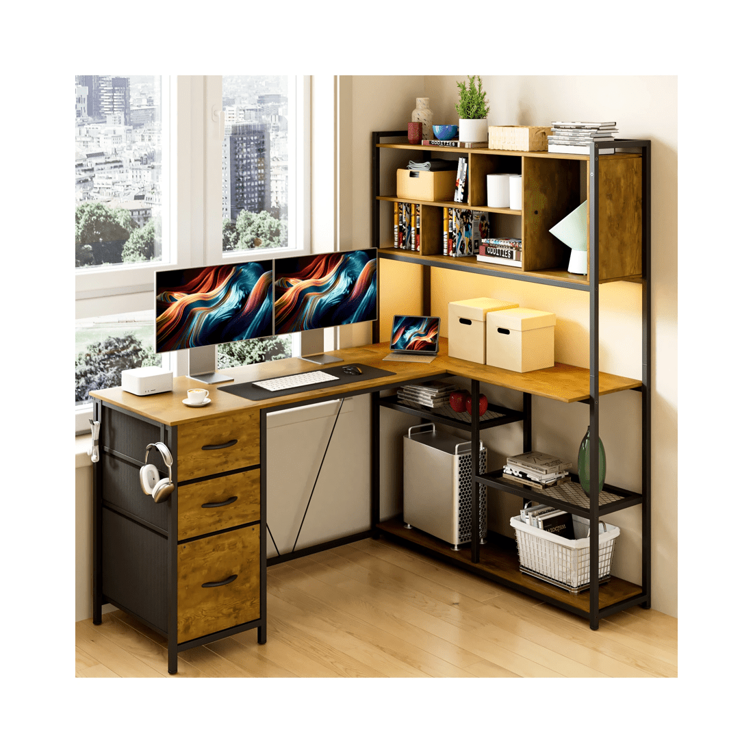 9 Advwin L Shaped Gaming Desk With Led Lights Reversible 148cm Computer Desk With 3 Drawers And Bookshelf Walnut, 9 of 9