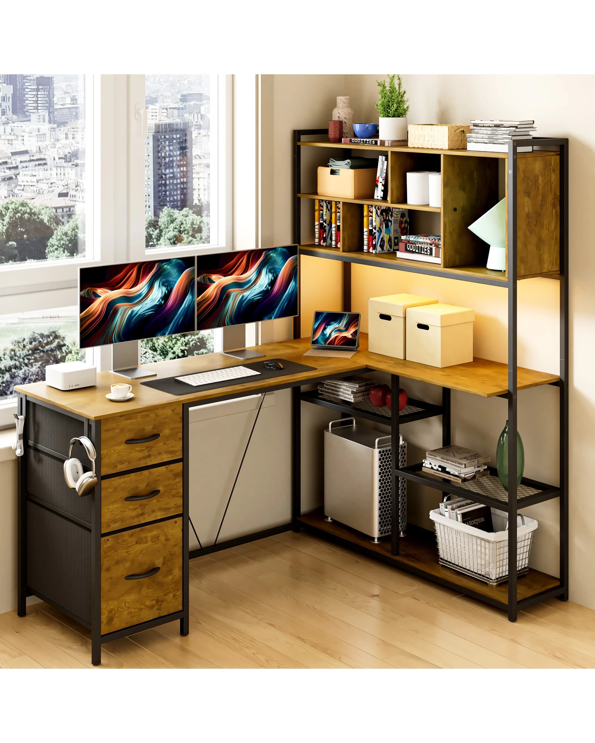 9 Advwin L Shaped Gaming Desk With Led Lights Reversible 148cm Computer Desk With 3 Drawers And Bookshelf Walnut, 9 of 9