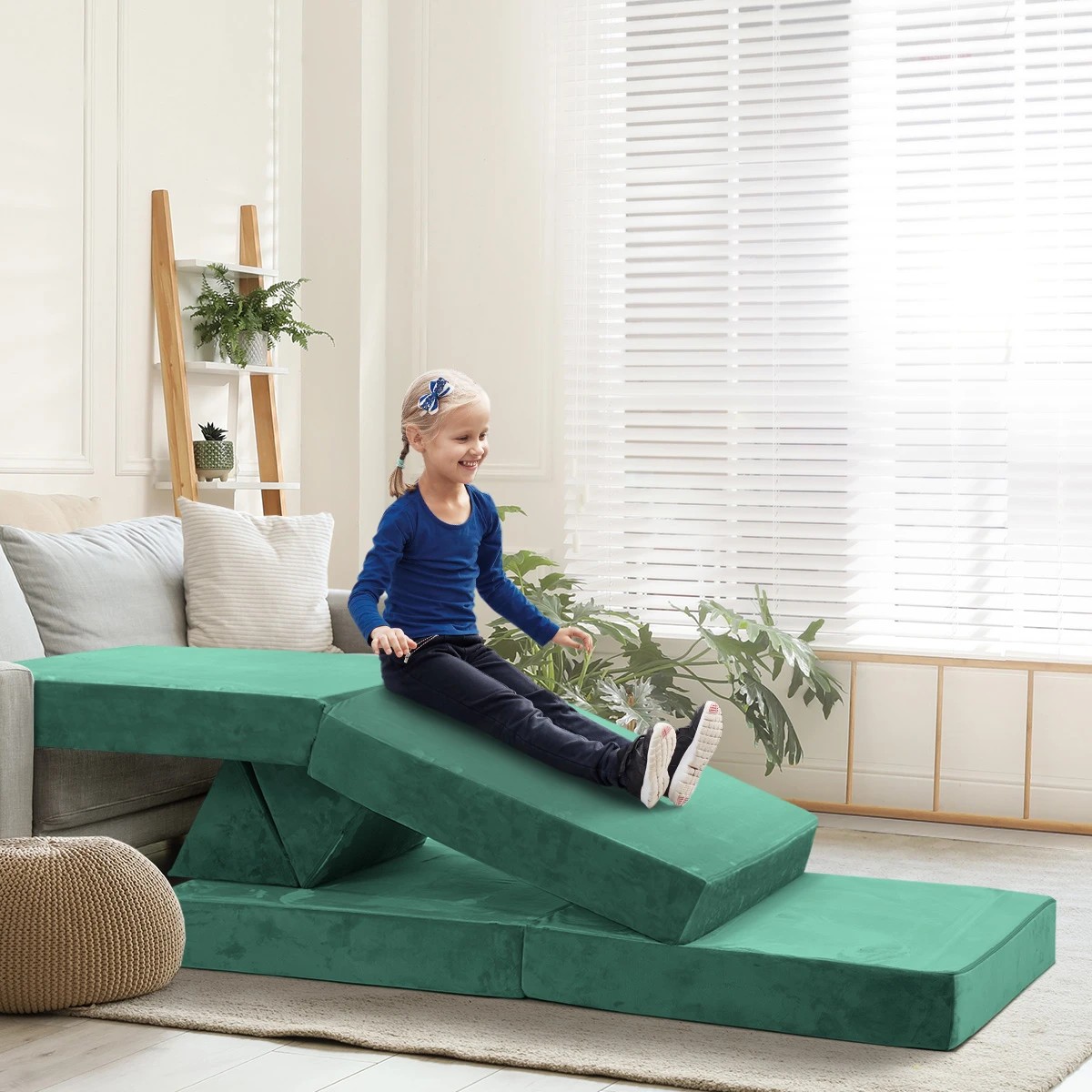 5 Oikiture 4Pcs Kids Play Couch Modular Lounge Cushion Convertible Playset - Green, 5 of 8