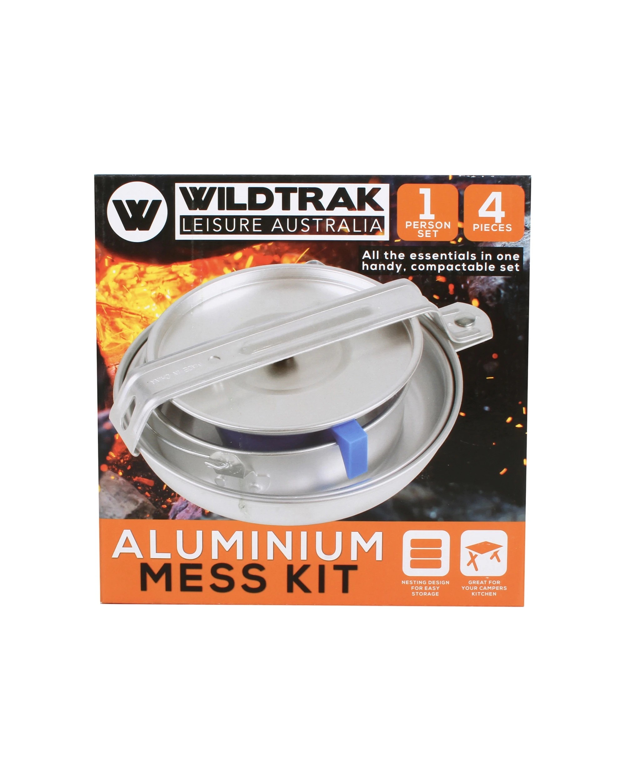 2 Wildtrak 4pc Aluminium 1-Person Mess Kit Pot Pan Cup Camping Cookware Set - Silver, 2 of 3