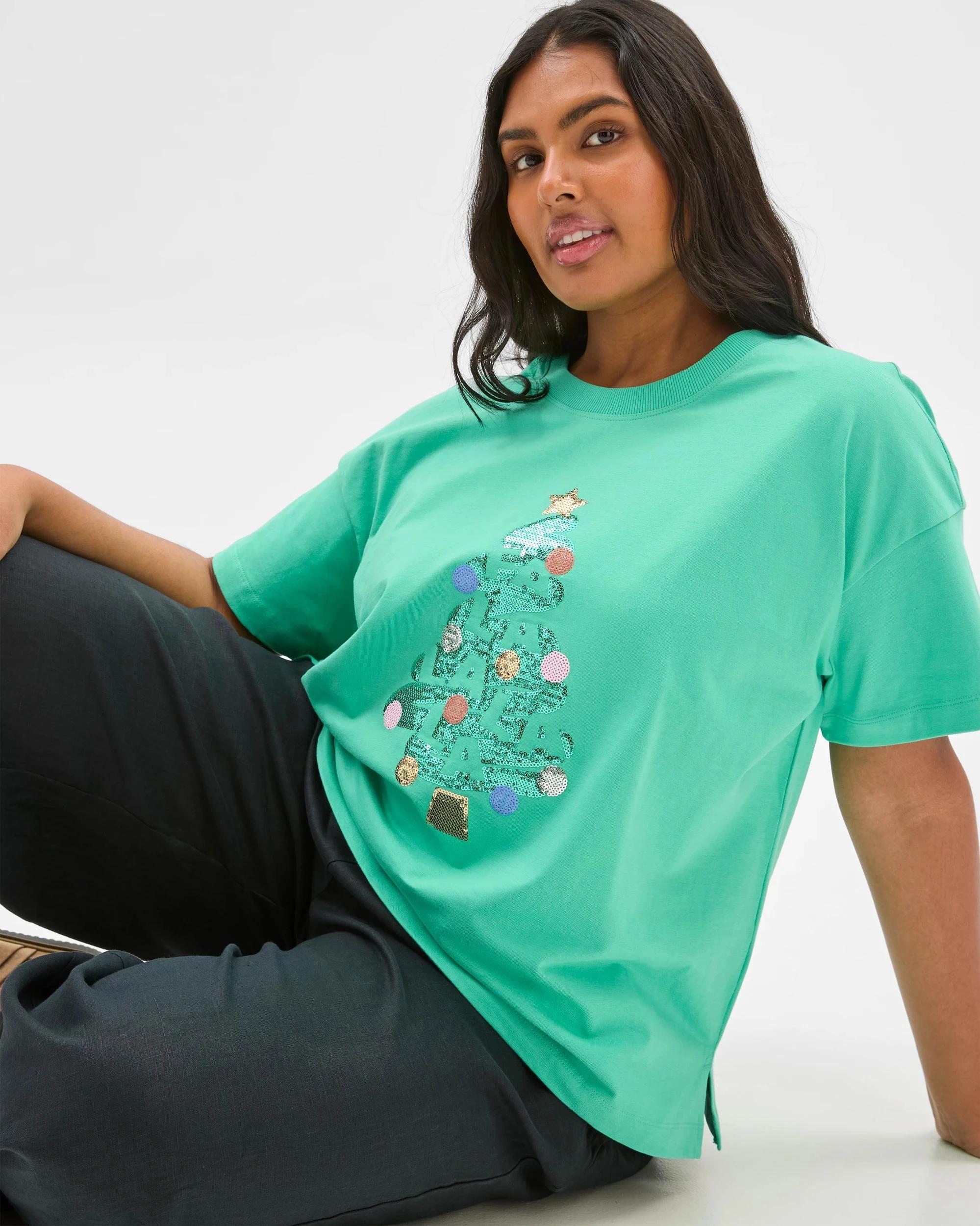 1 Target Plus Size Australian Cotton Christmas T-shirt GREEN FALALALA, 1 of 10