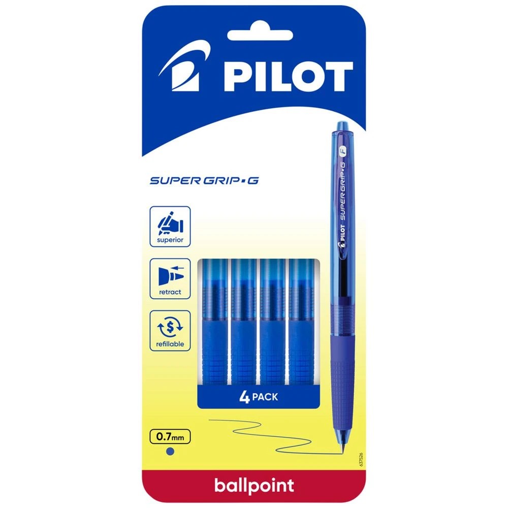 1 PILOT Super Grip G Retractable Ballpoint Pen 0.7mm Blue 4Pk, 1 of 7