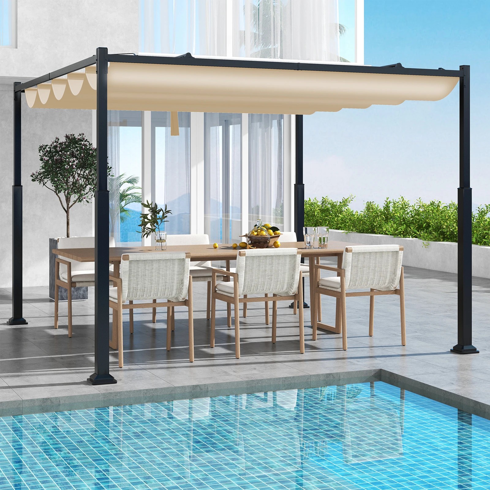 2 Costway 3x3M Outdoor Pergola w/Retractable Canopy - Beige, 2 of 2