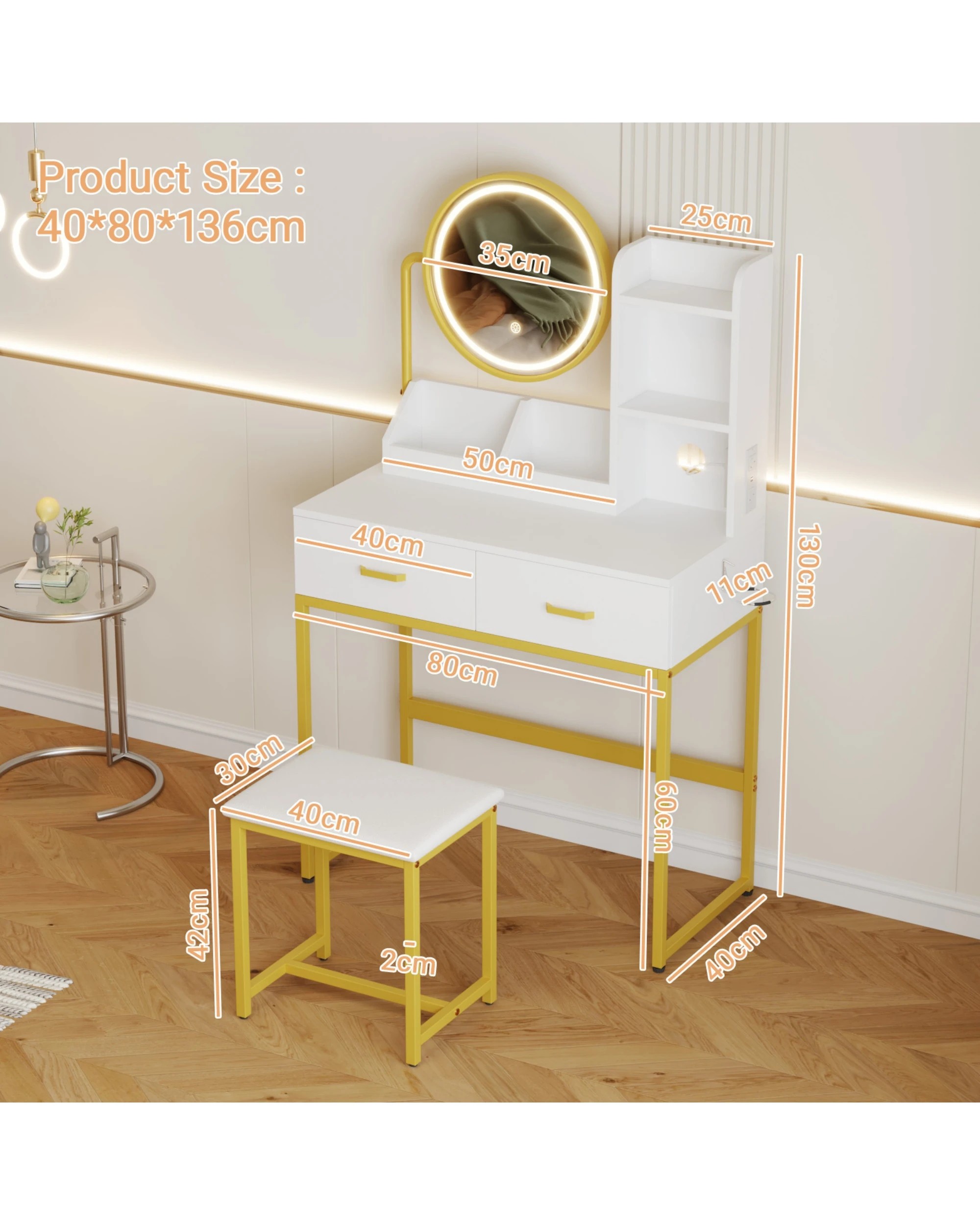9 Advwin Dressing Table Set With Power Outlet And Led Light 360°adjustable Mirror Angle, 9 of 10