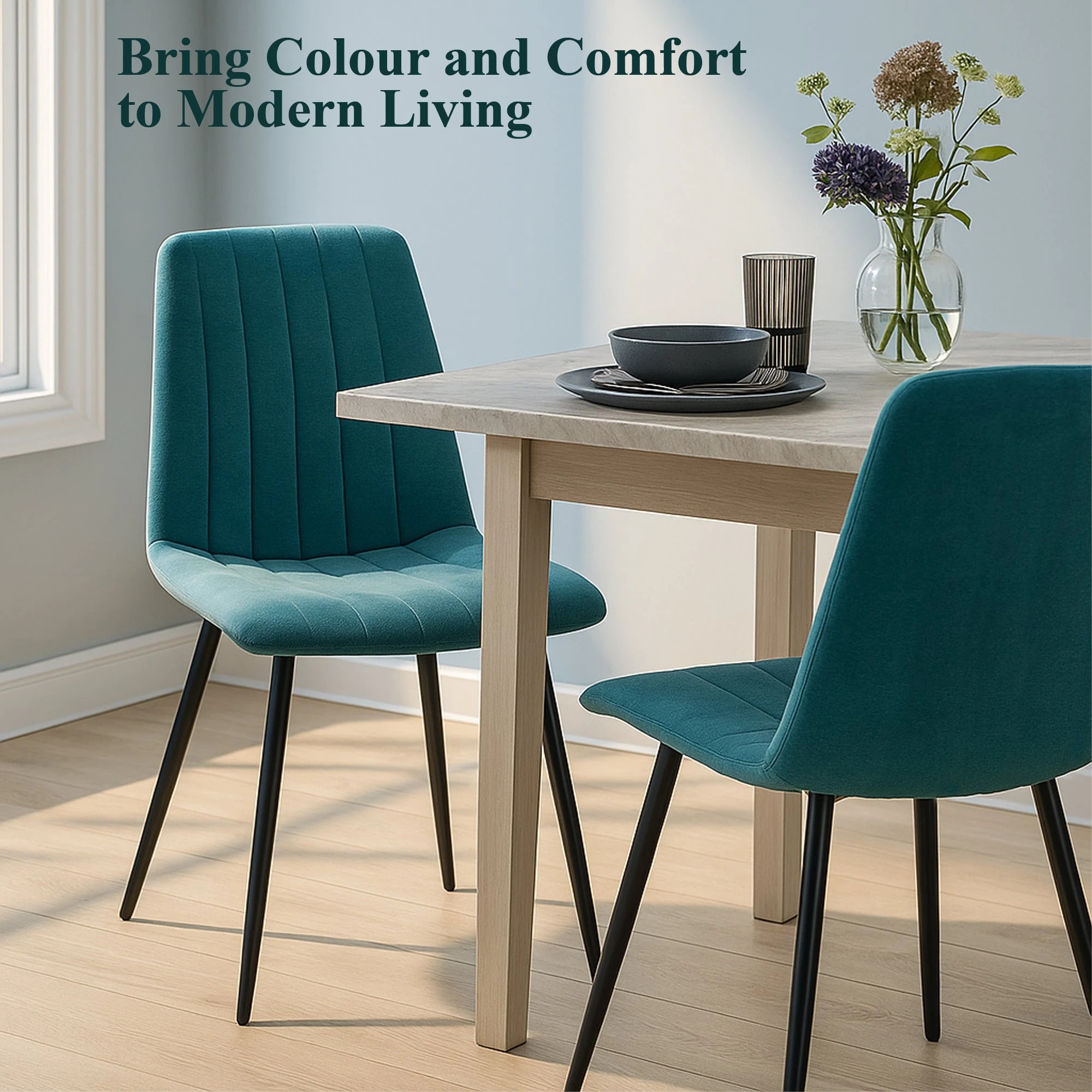 3 Foret Peacock Blue Velvet Upholstered Dining Chairs Black Metal Legs Set Of 4, 3 of 10