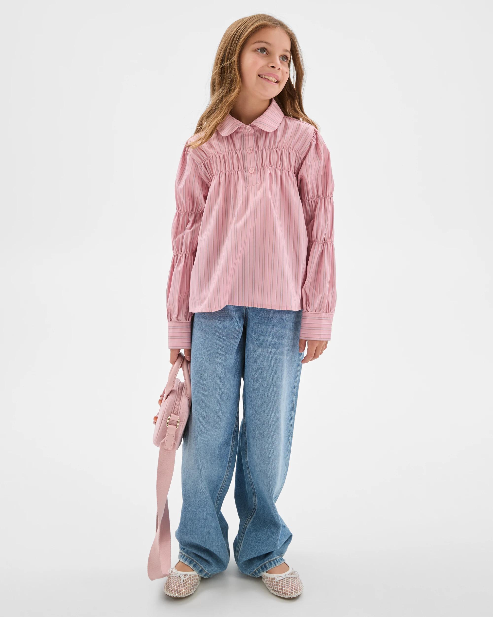 2 Target Kids Long Sleeve Ruched Pinstripe Shirt PINK, 2 of 6