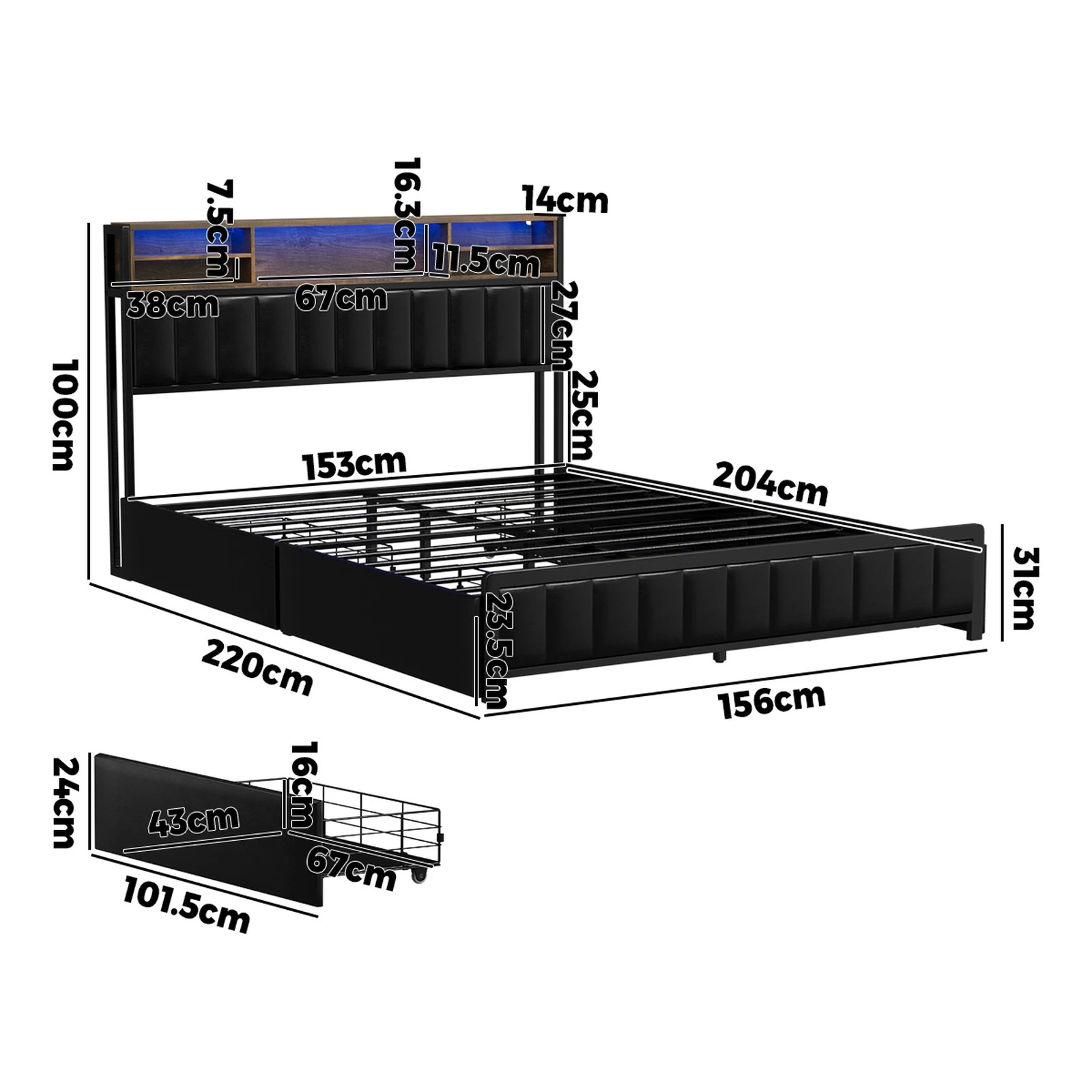 10 Oikiture Queen Bed With Led Storage Bedhead 4 Drawers Charing Port
 - Black, 10 of 10