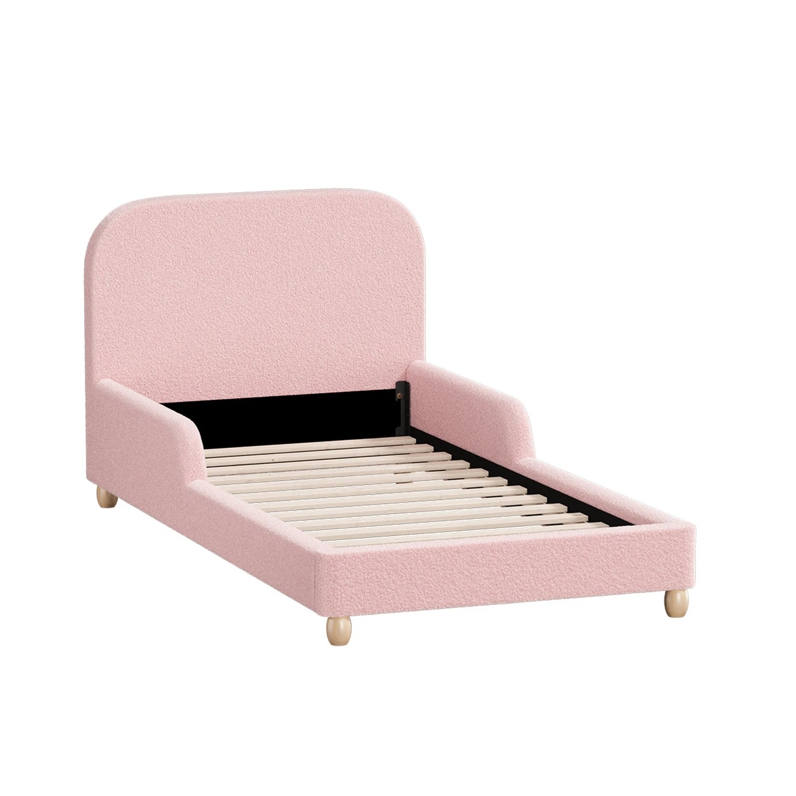 1 Oikiture Kids Bed Frame Single Size with Side Guard Rails Boucle - Pink, 1 of 10