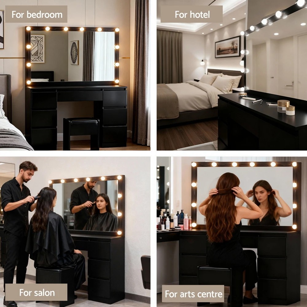 8 Artiss Dressing Table Vanity Desk Set Stool 12 Led Bulbs - Black, 8 of 8