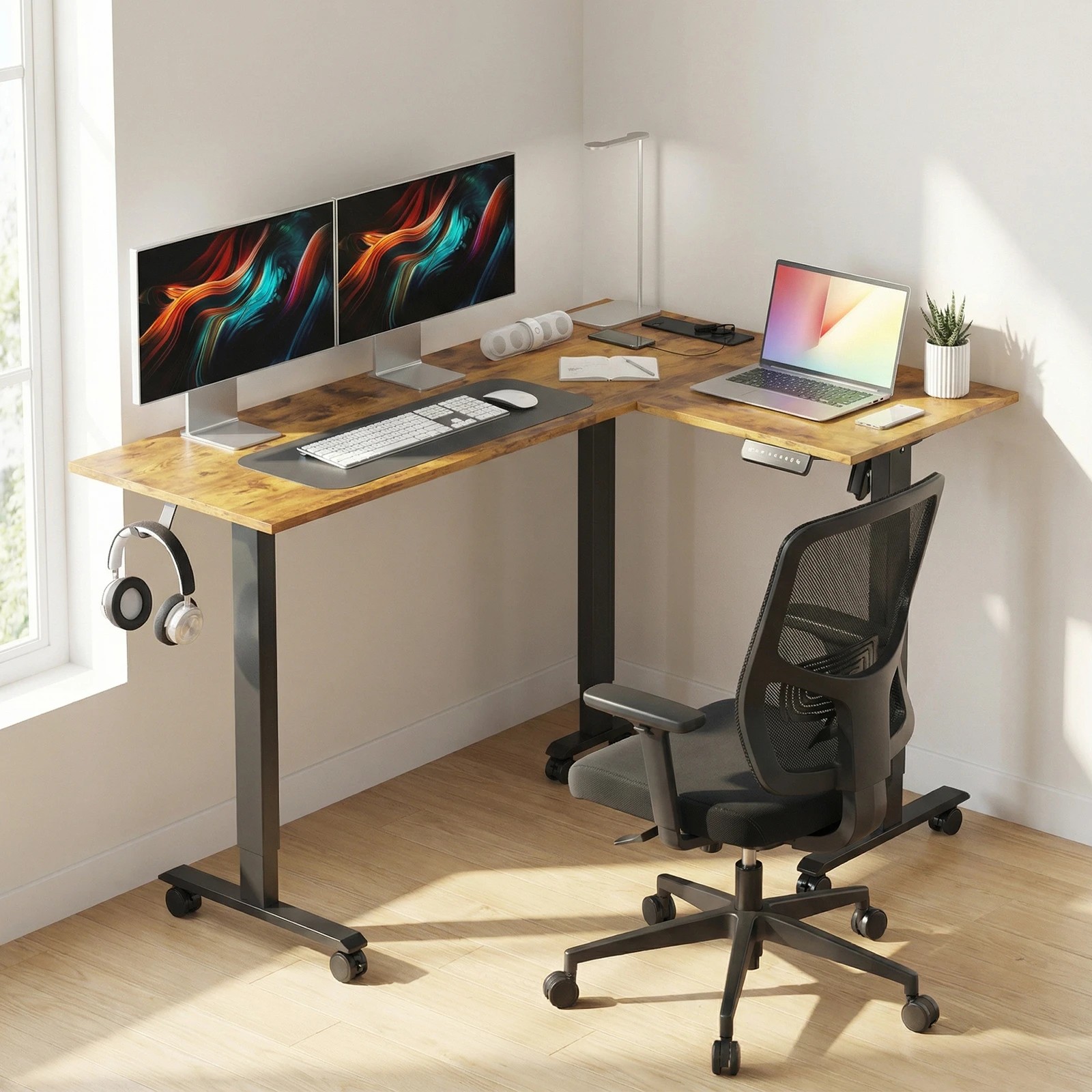 7 Advwin L Shaped Electric Standing Desk Adjustable Computer Desk with Charging Station - Brown, 7 of 9
