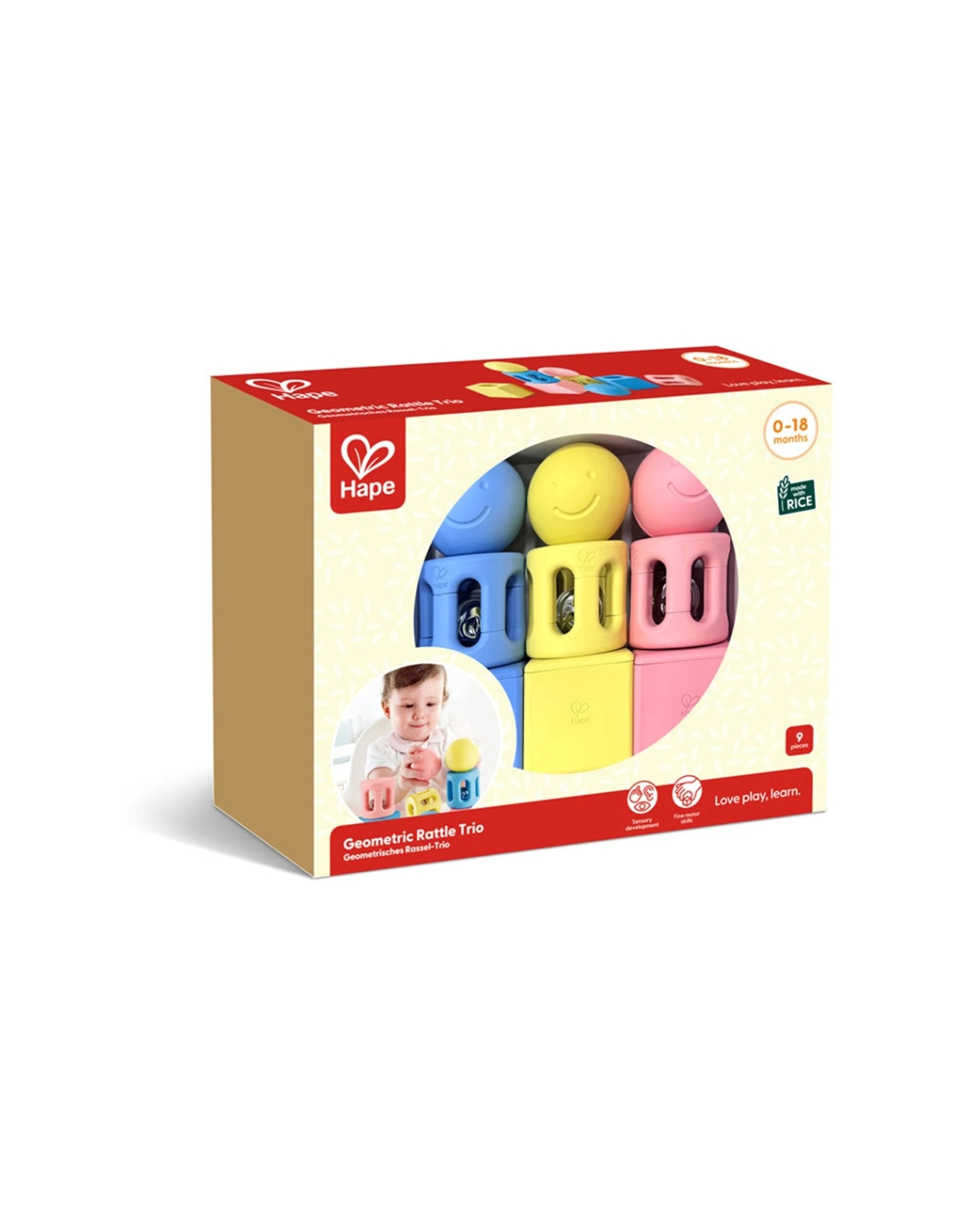 2 Hape Geometric Rattle Trio Rice Material Baby Toys Kids 3 Pack Set - Multi, 2 of 3