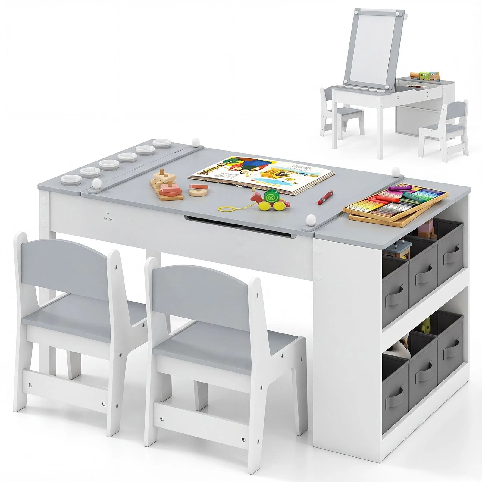 1 Costway Art Easels Multifunctional Drawing Desk & Chair Set W/Paper Roll - Grey, 1 of 1