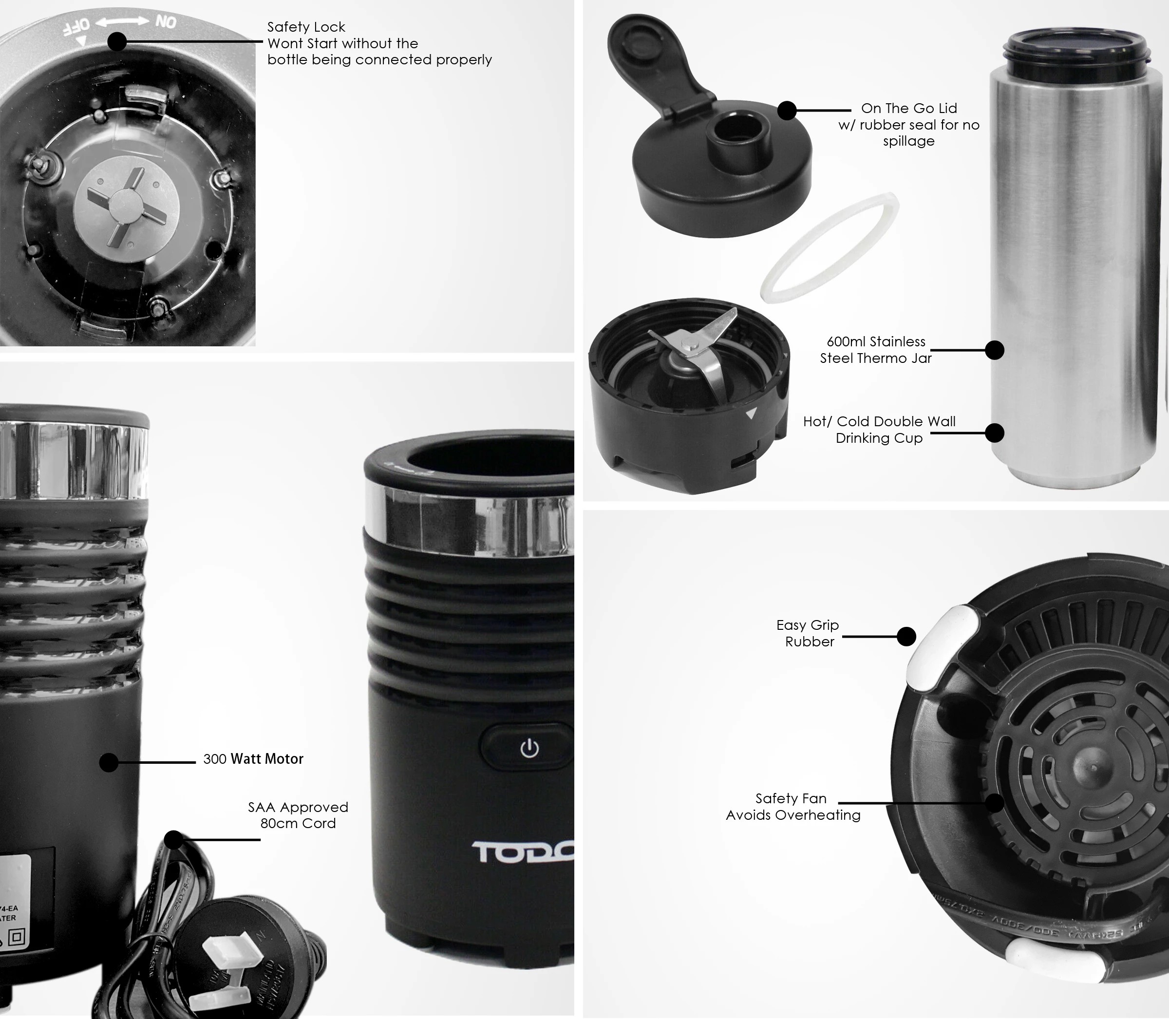 5 TODO 300W Smoothie Maker Drink Blender 600Ml Double Wall Stainless Steel Jar - Black, 5 of 5