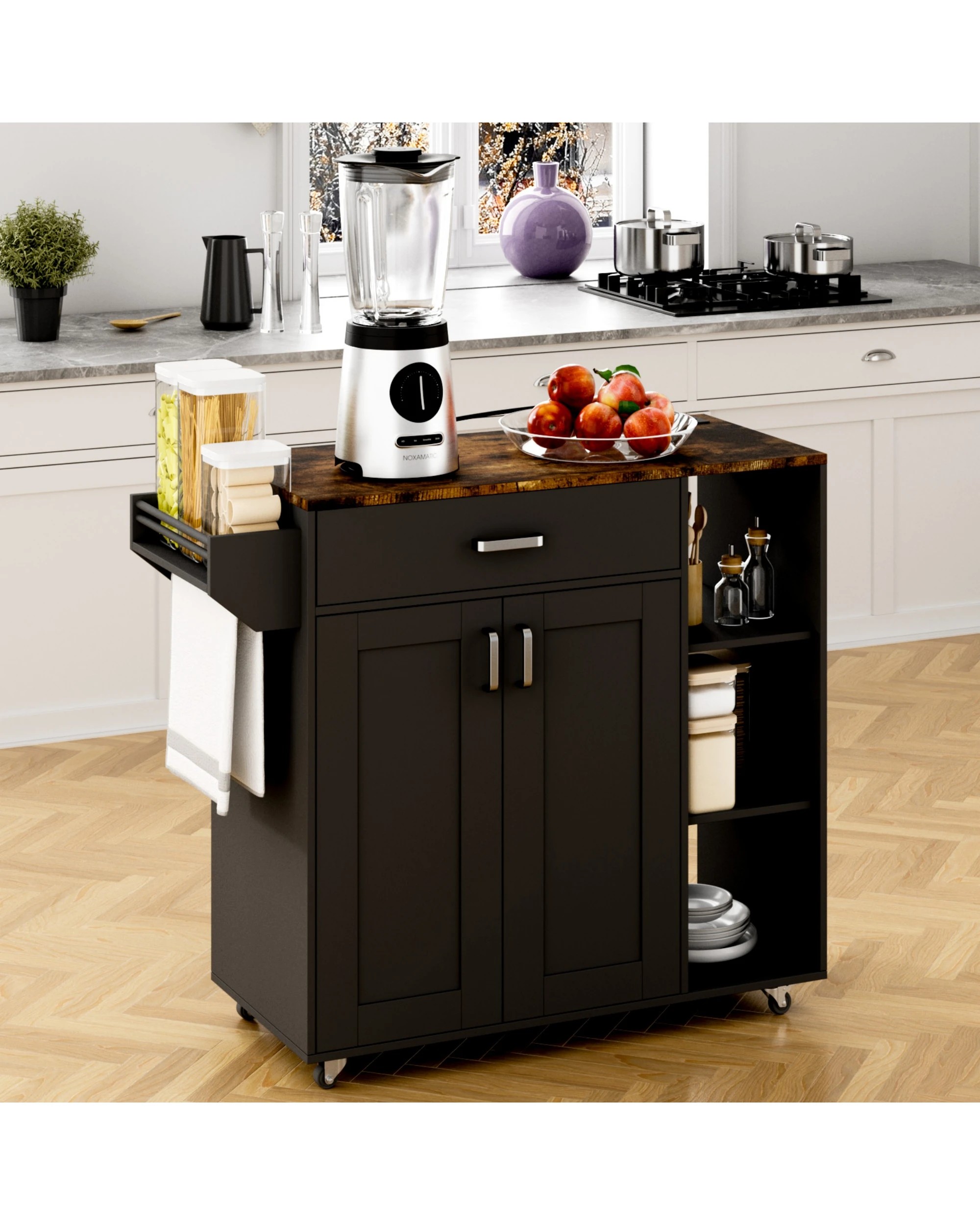 8 Advwin Kitchen Island Cart Rolling Trolley Cabinet on Wheels with Charging Station Adjustable Shelves Spice Rack - Black, 8 of 8