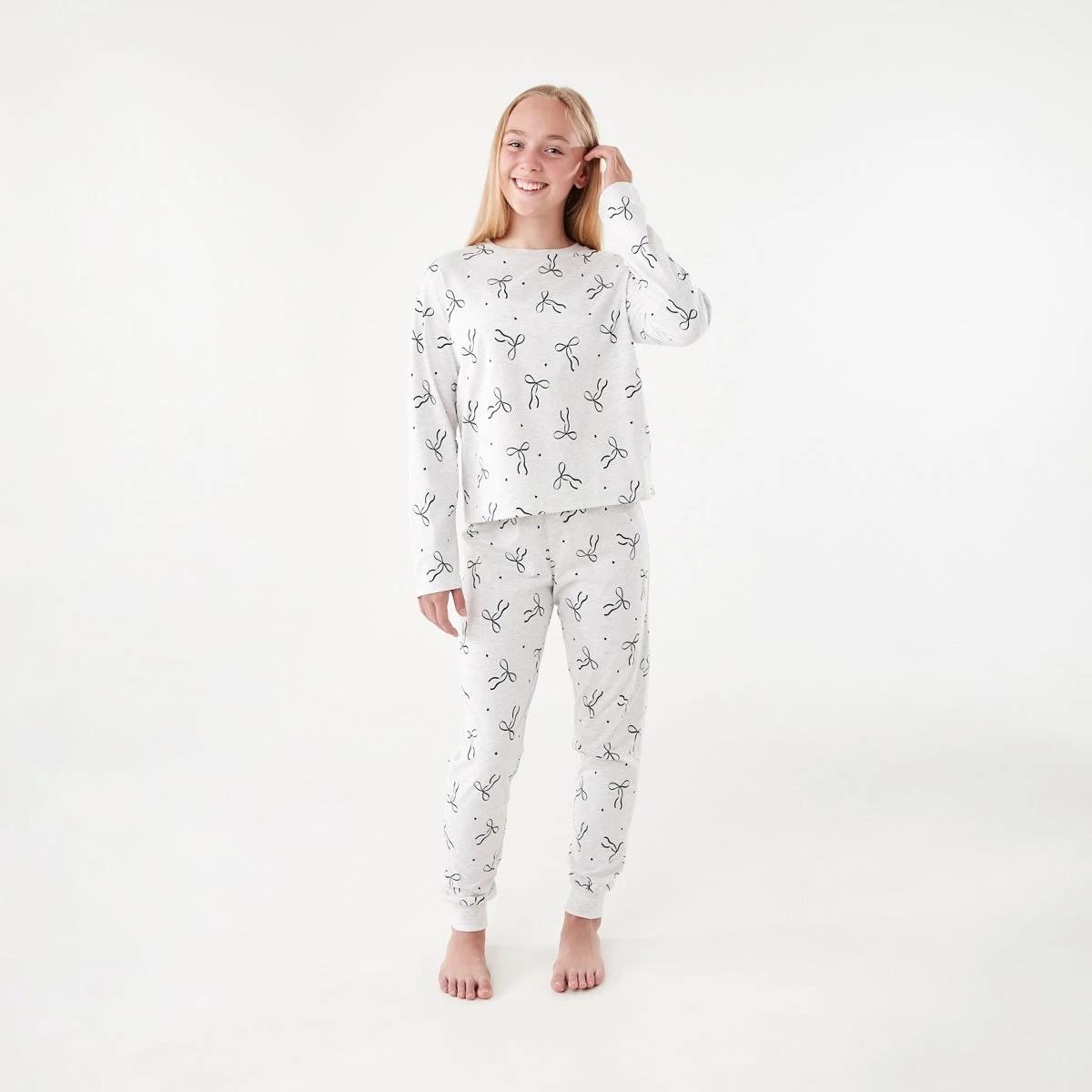 1 Long Sleeve Jersey Pyjama Set Wht Bow, 1 of 8