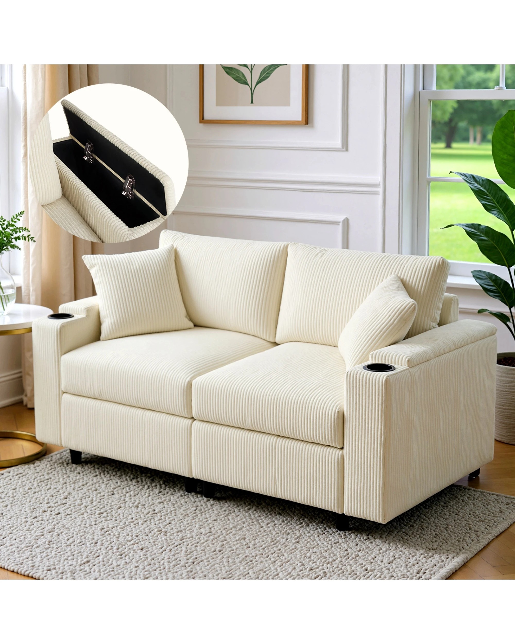 2 Advwin 182cm 2 Seater Sofa Corduroy Modular Lounge Couch w/ Storage Armrests & Cup Holder, 2 of 9