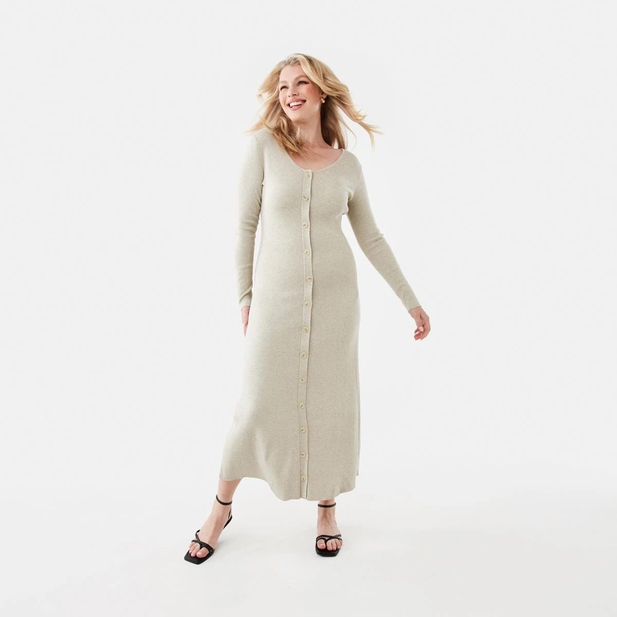 1 Long Sleeve Button Through Knit Maxi Dress Beige Marl, 1 of 6