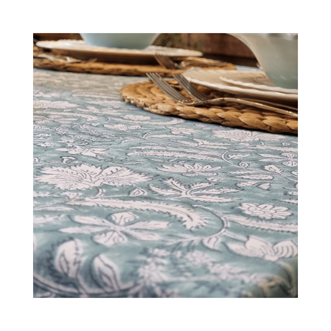 5 Kolka Poppy Hand Block-Printed and Screen-Printed Textiles Tablecloth - Blue, 5 of 6