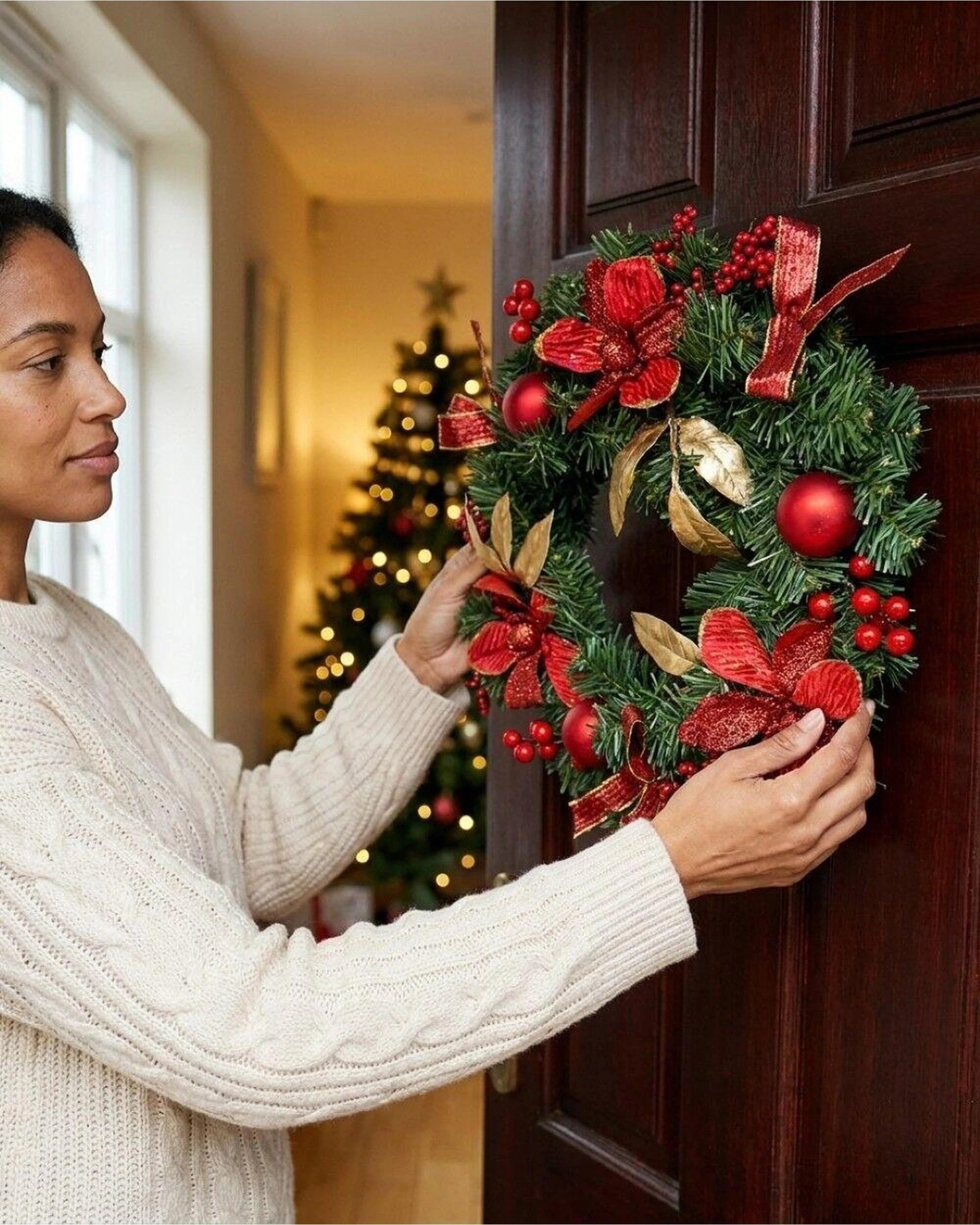 Christmas Warehouse 40cm Red Poinsettia Christmas Wreath With Gold ...
