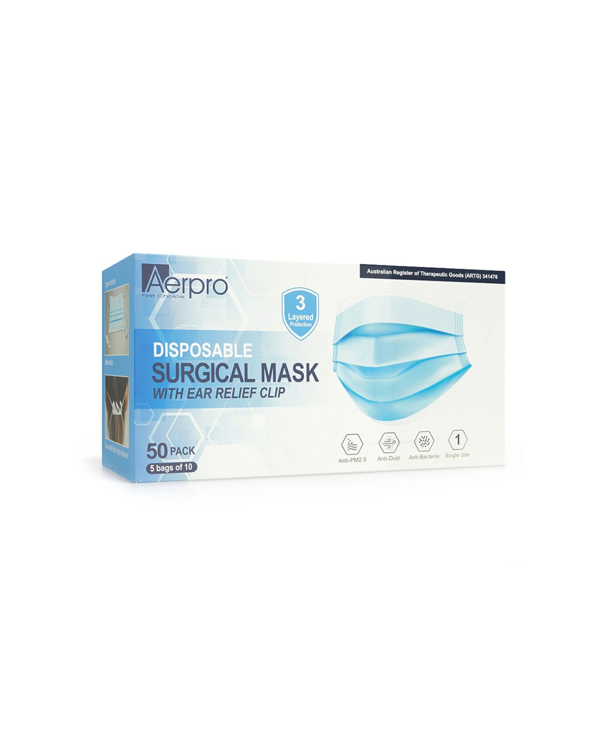 1 Aerpro 50PK Disposable Surgical Mask With Ear Relief Clip - Blue, 1 of 1