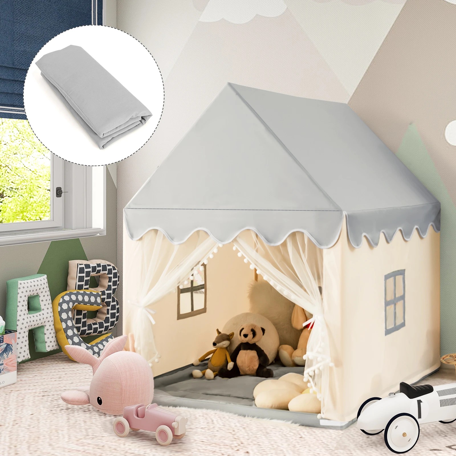 3 Costway Wood Play Tent Playhouse Large Princess Castle - Grey, 3 of 3
