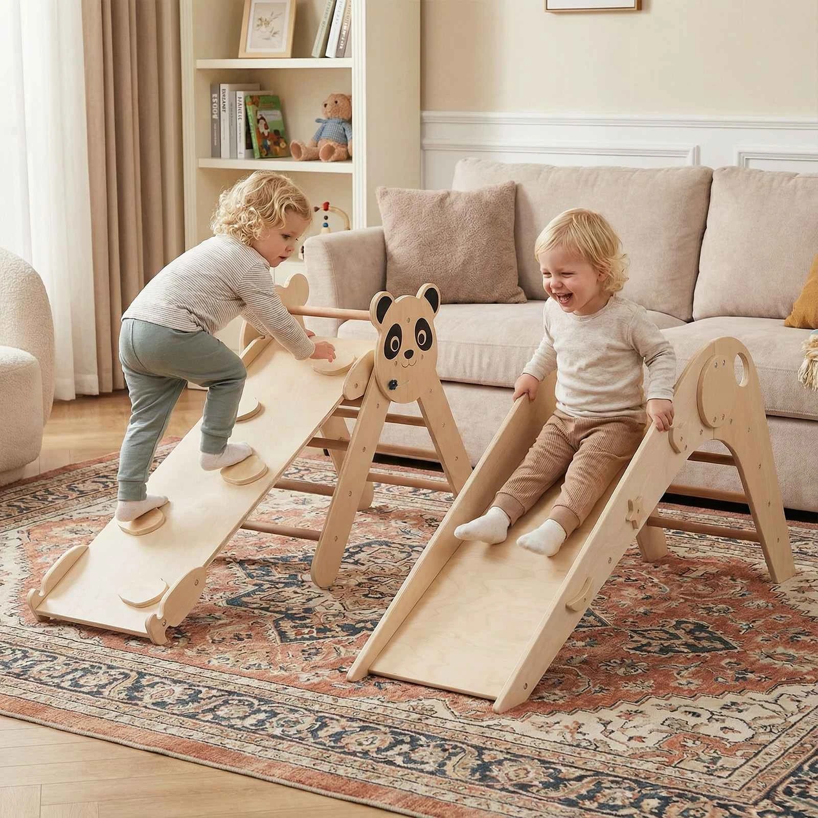2 Costway Climb Playset Wood Panda Triangle Foldable Climbing Frame Slide Ramp - Natural, 2 of 2