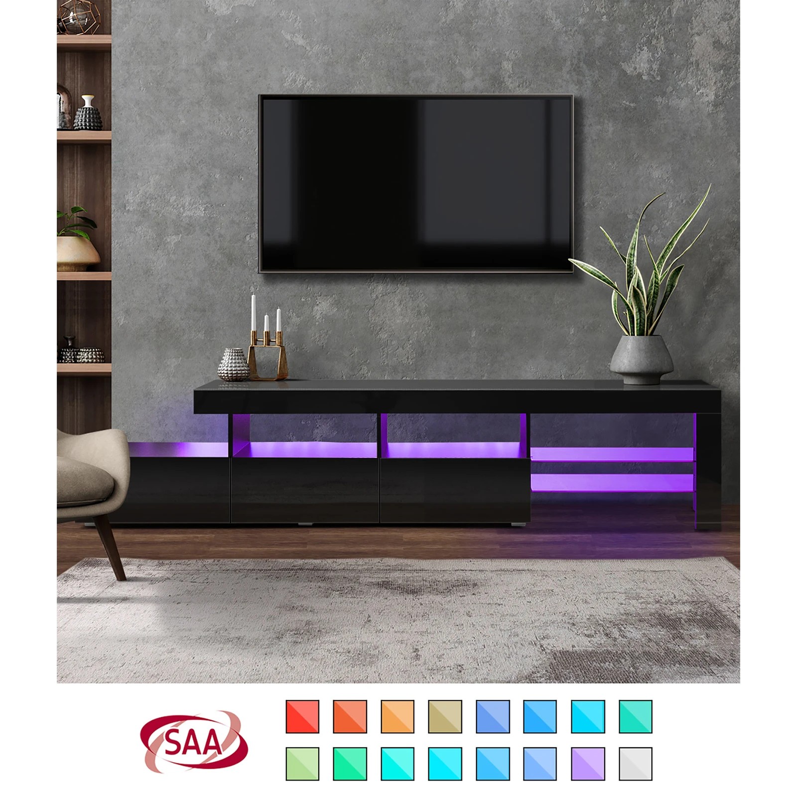 3 Oikiture Tv Cabinet Entertainment Unit Stand Rgb Led Gloss 220cm
 - Black, 3 of 9
