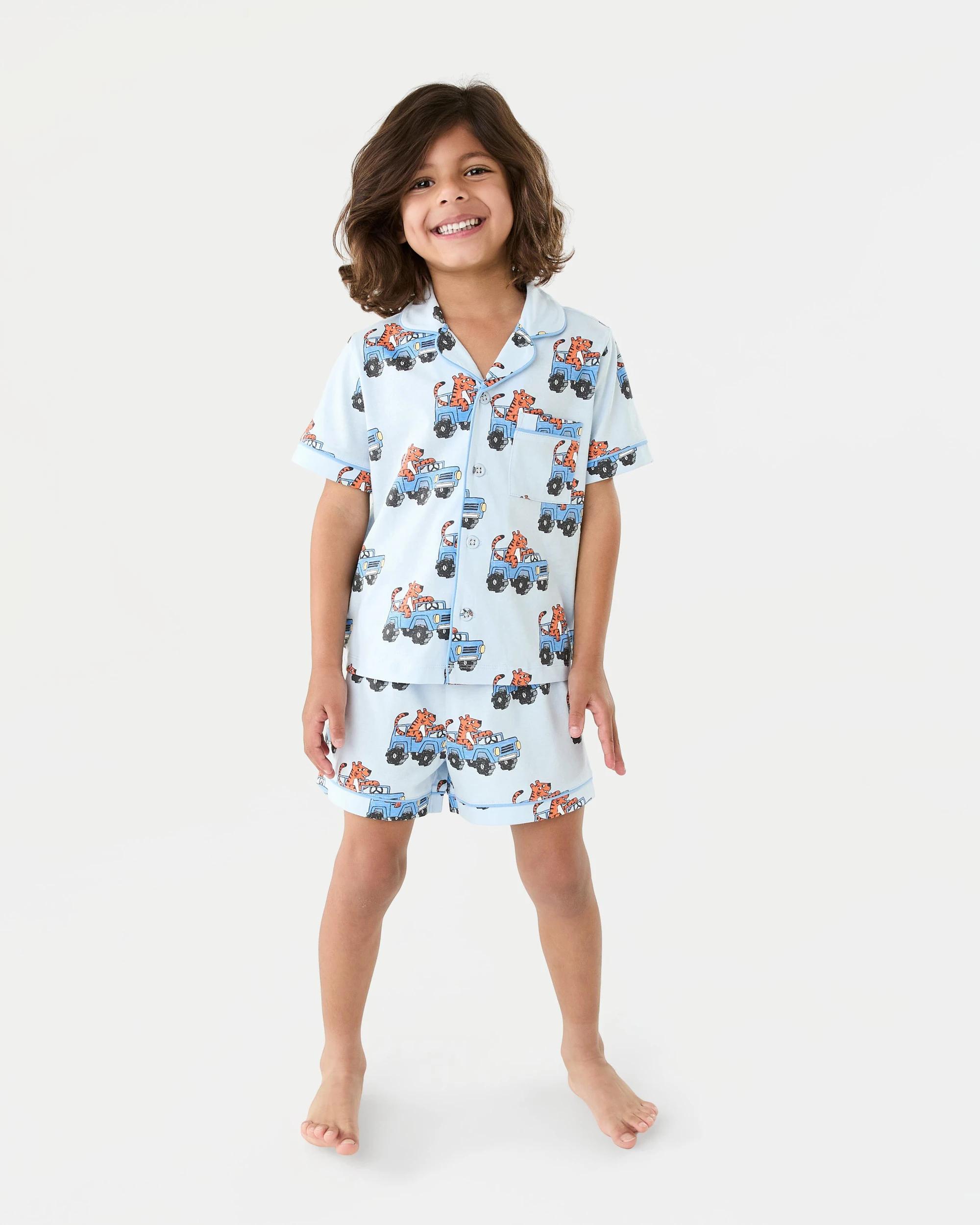 1 Short Sleeve Button Down Pyjama Set Blu Tiger, 1 of 8