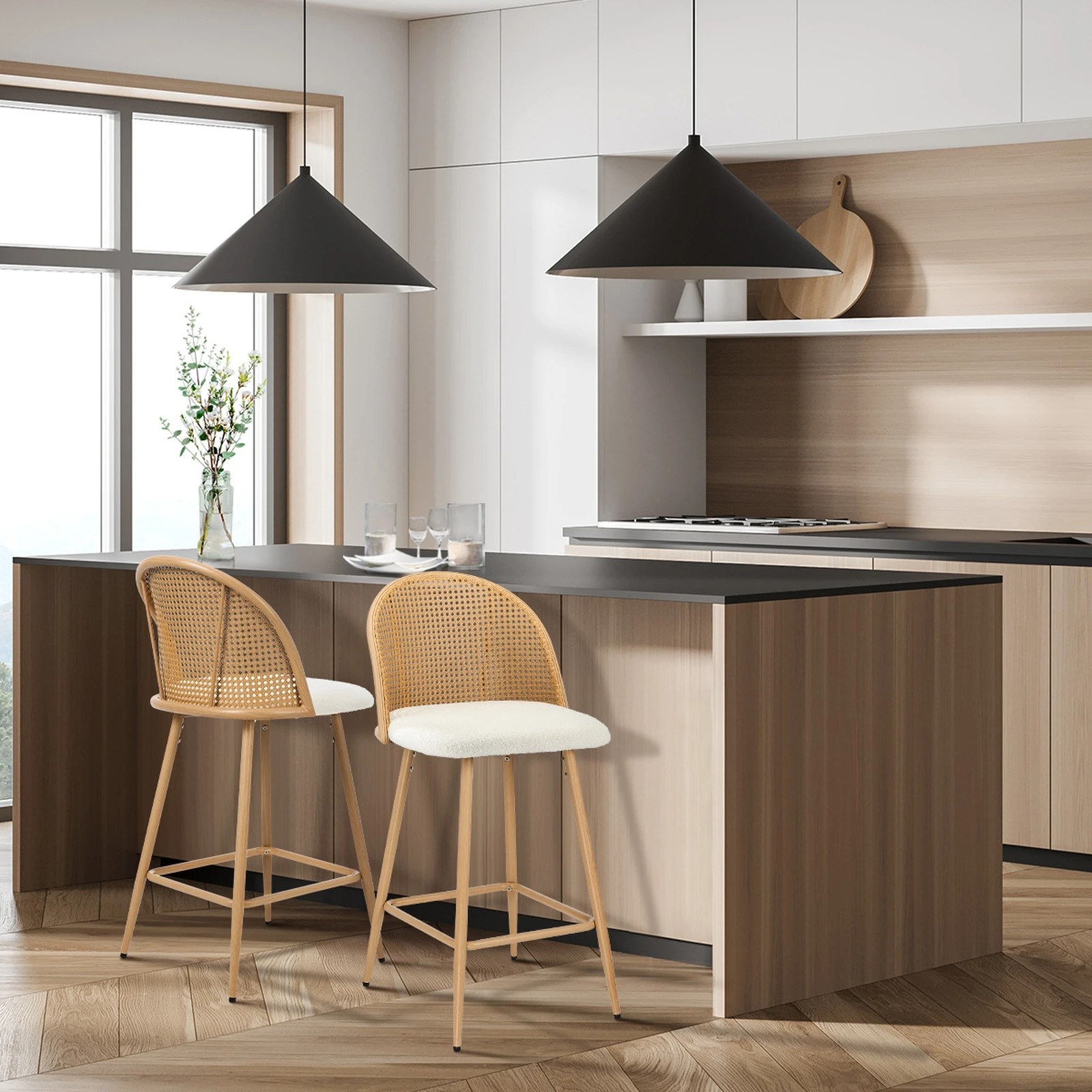 3 Oikiture Bar Stools Kitchen Counter Stool Rattan Dining Chair Boucle X2
 - White, 3 of 9