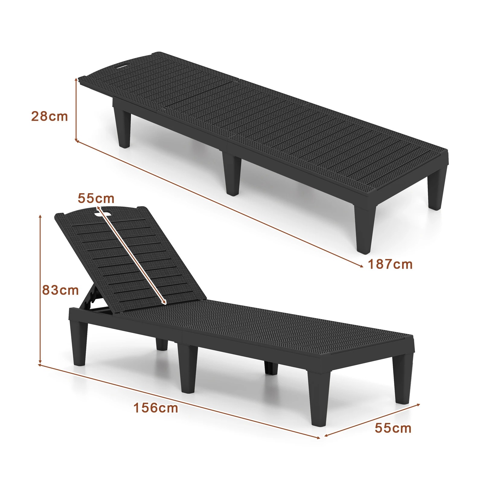 2 Costway 2x Outdoor Lounge Chairs PP Recliner Lounger w/4-Position Backrests - Black, 2 of 6