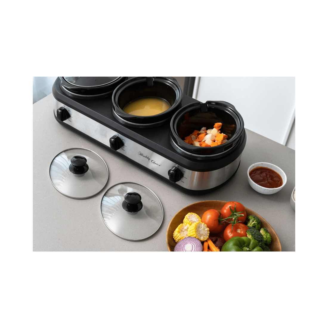 5 Healthy Choice 405w Electric 3 Pot Slow Cooker/2.5l Ceramic Cooking Pots - Silver, 5 of 6