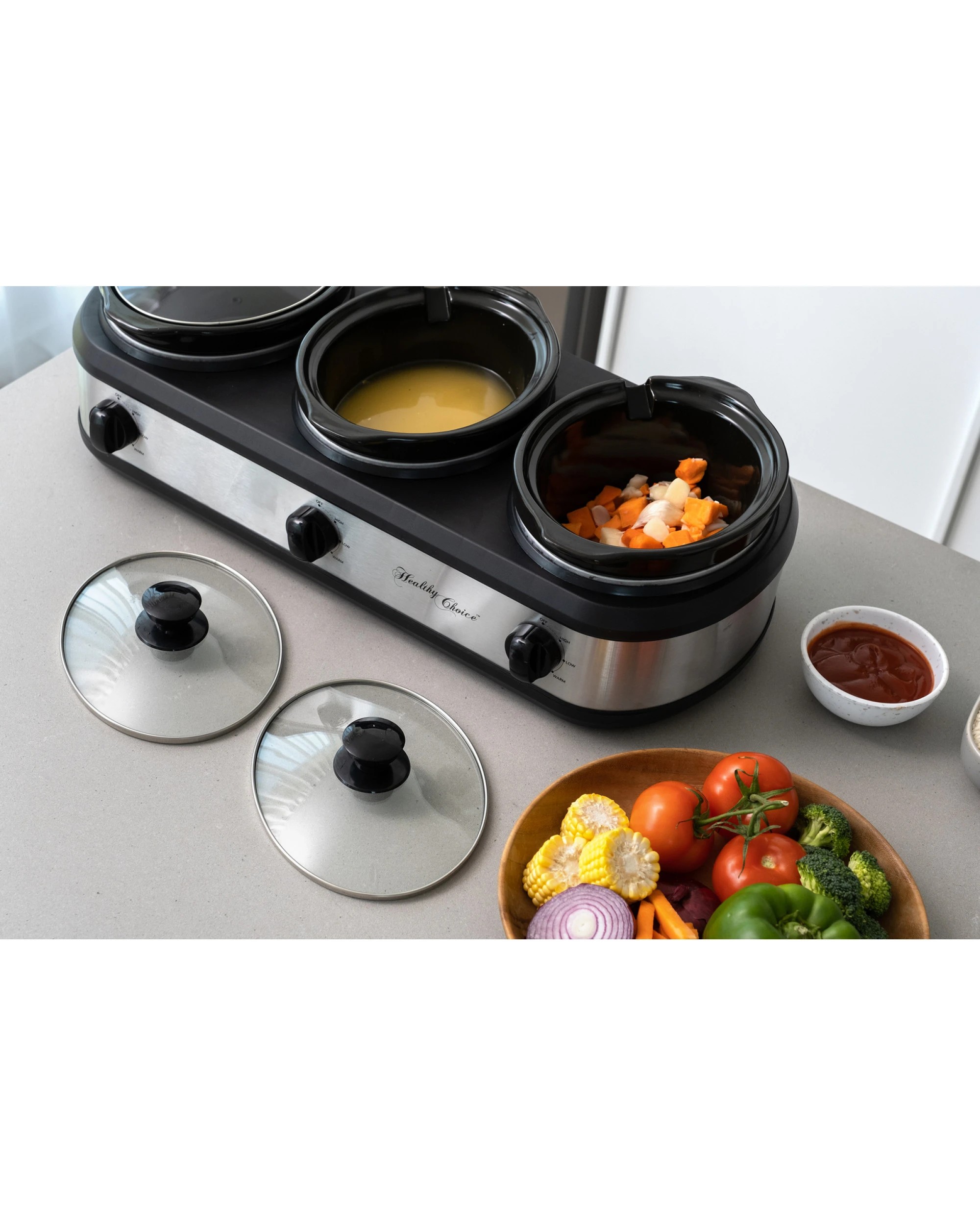 5 Healthy Choice 405w Electric 3 Pot Slow Cooker/2.5l Ceramic Cooking Pots - Silver, 5 of 6