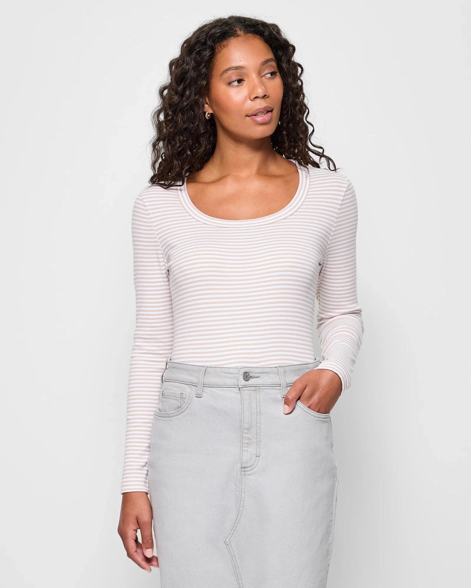 1 Target Australian Cotton Long Sleeve Scoop Neck Ribbed T-Shirt BRILLIANT WHITE/PEBBLE STRIPE, 1 of 5