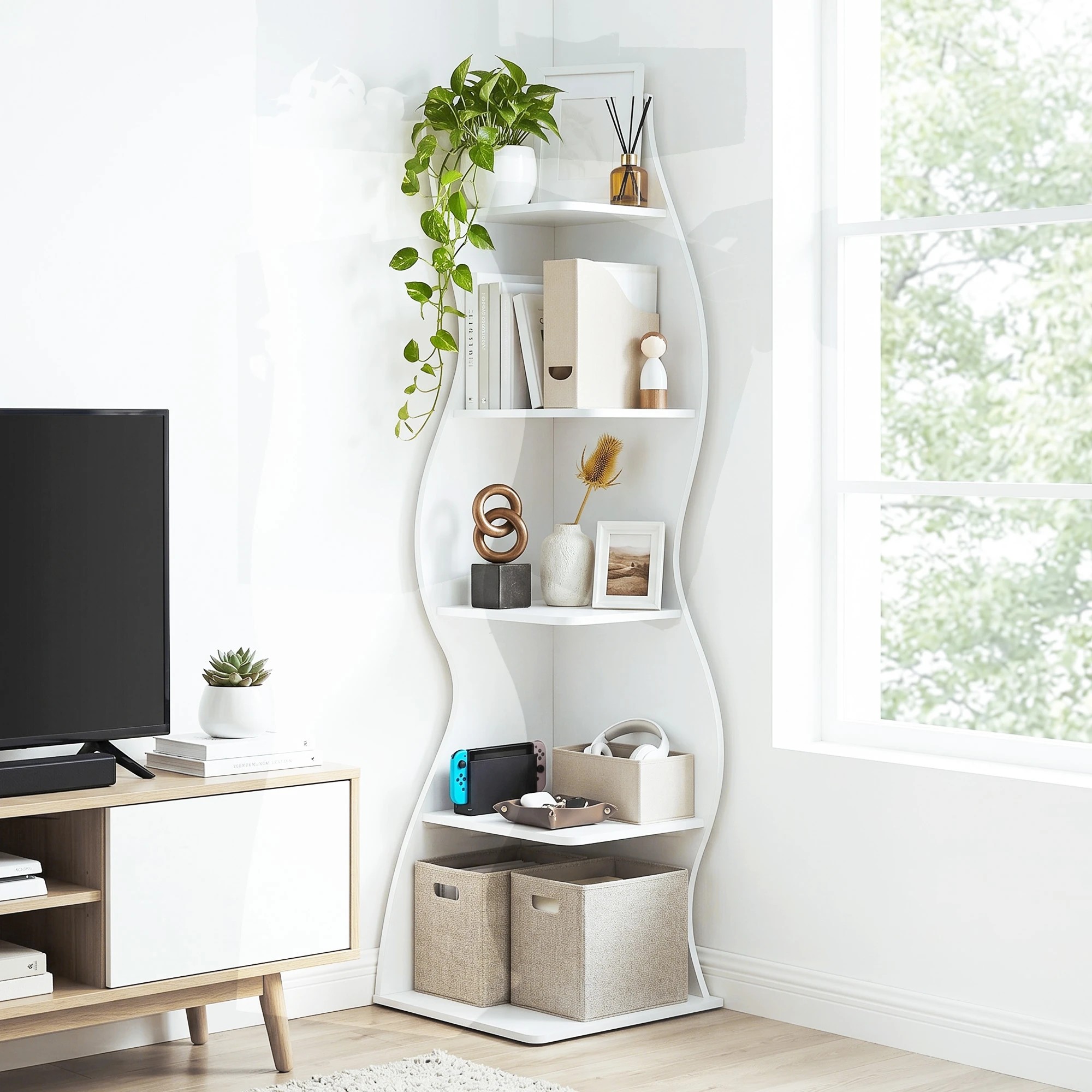 5 Artiss 5-Tier Bookshelf Corner Shelf S-shaped Storage Rack - White, 5 of 8