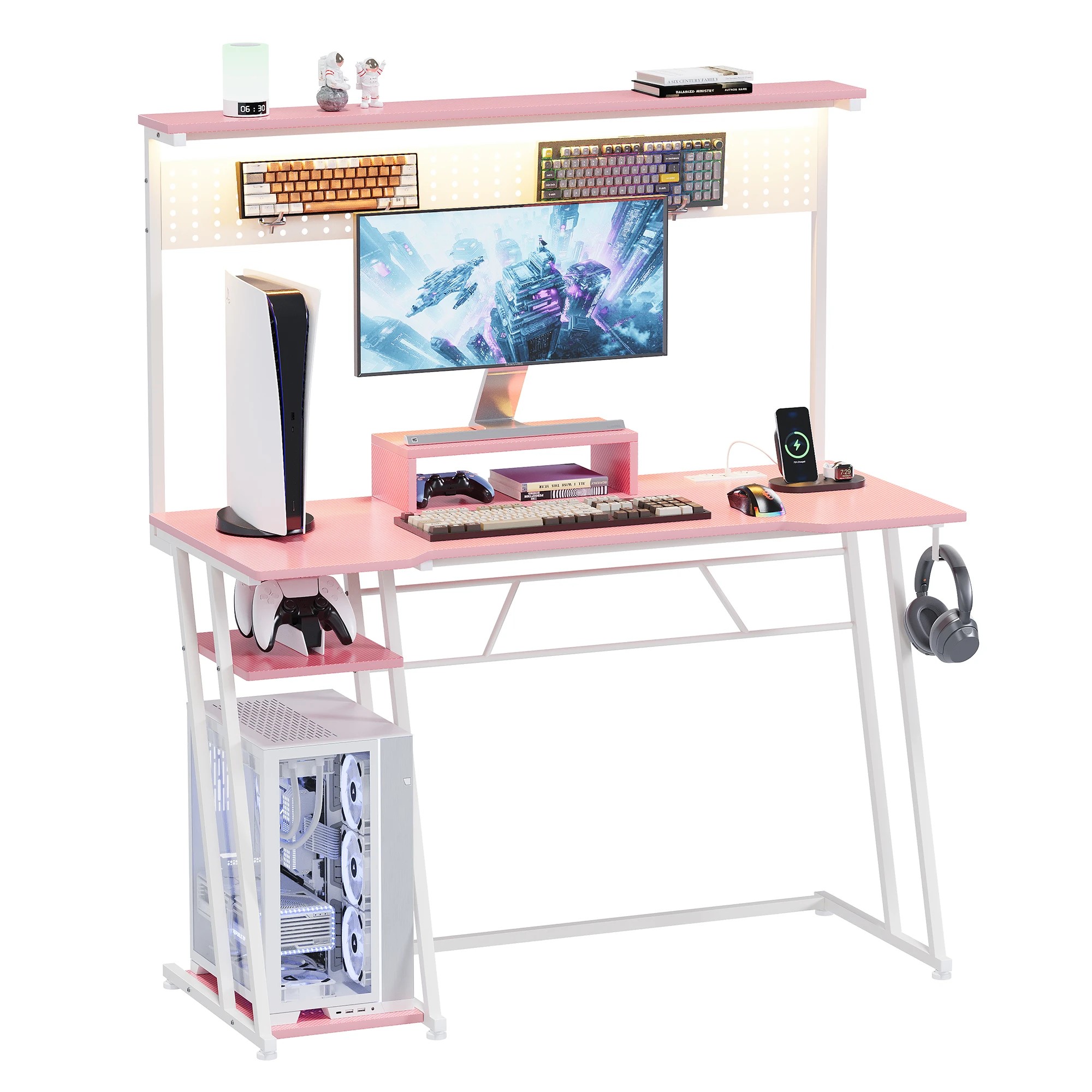 1 Advwin 120cm LED Gaming Desk w/ Power Outlets Reversible Carbon Fiber w/ Shelf hook & Pegboard - Pink, 1 of 8