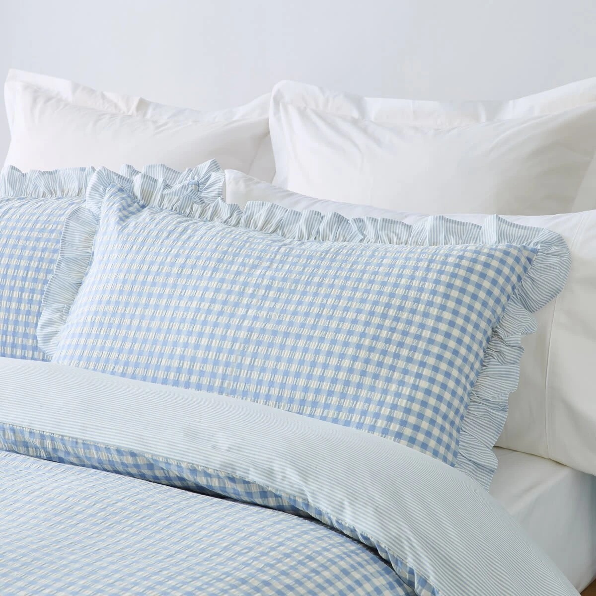 4 Gingham Ruffle Reversible Cotton Quilt Cover Set - Queen Bed, Blue, 4 of 8