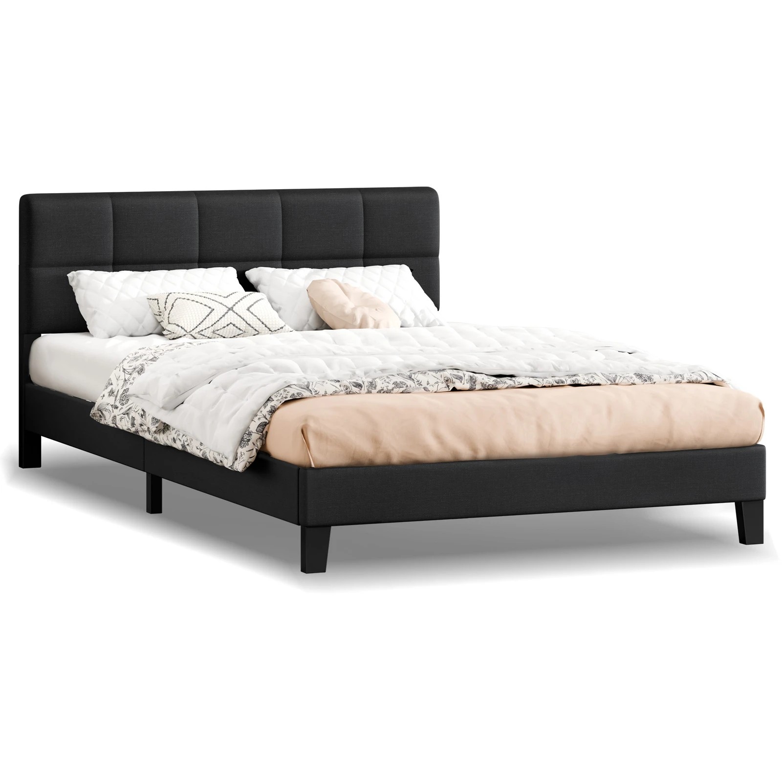 1 Alfordson Bed Frame Queen Size Wooden Slats Platform Fabric Paula - Charcoal, 1 of 9