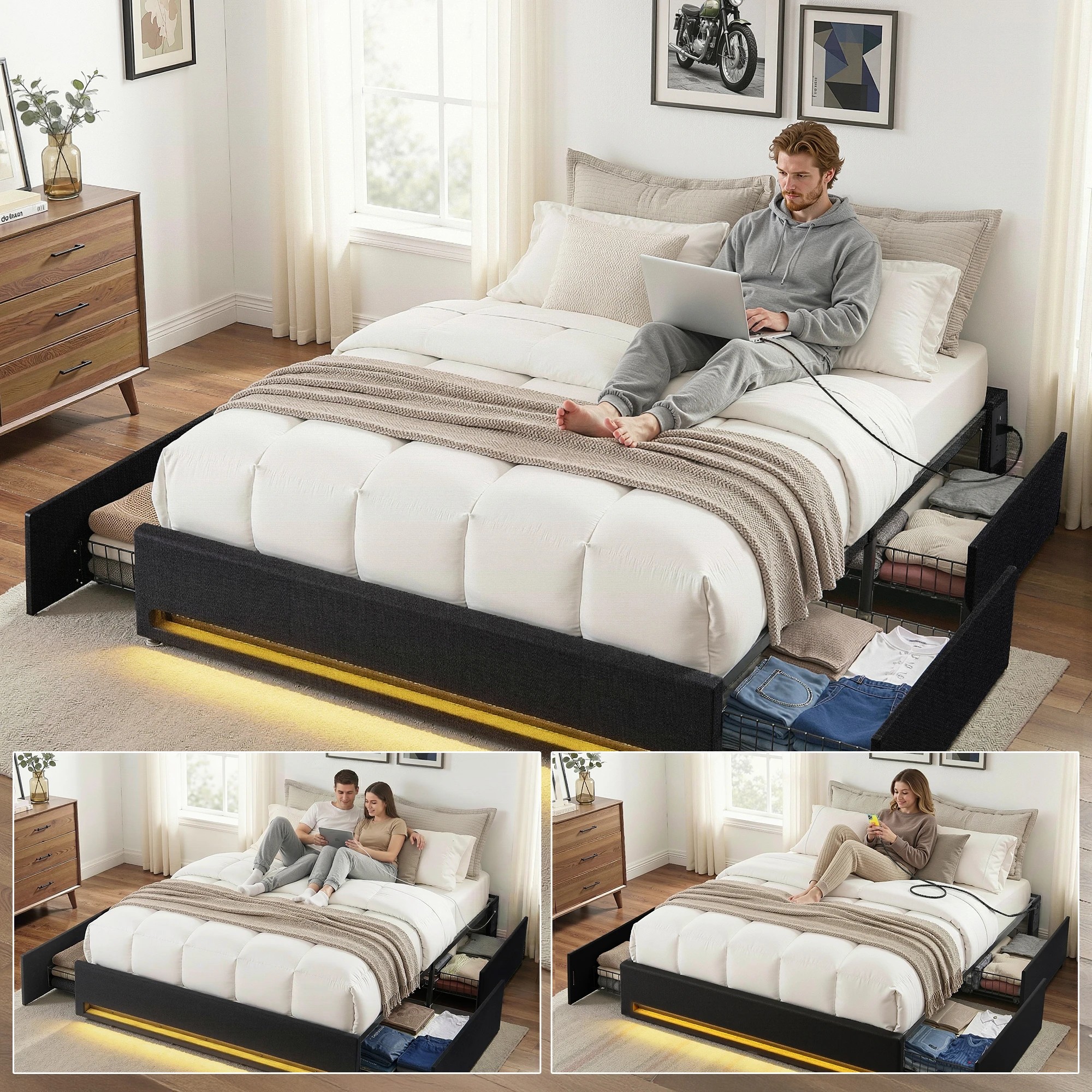 4 Artiss Double Bed Frame with Storage Drawers RGB Lights Charging Station Upholstered Fabric - Black, 4 of 5