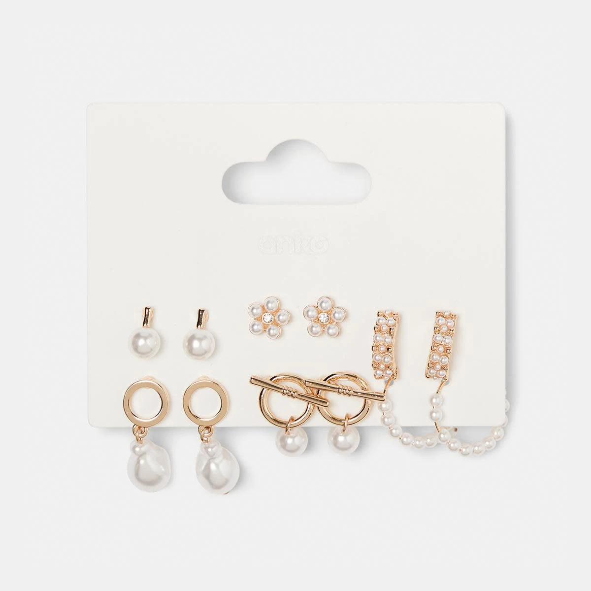 5 6 Pack Cluster Faux Pearl Stud Earrings - Gold Tone Gold, 5 of 5